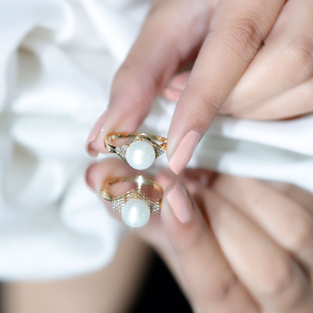 Natural 7.4 Carat Freshwater Pearl Engagement Ring with Diamond Trio AAA - Rosec Jewels
