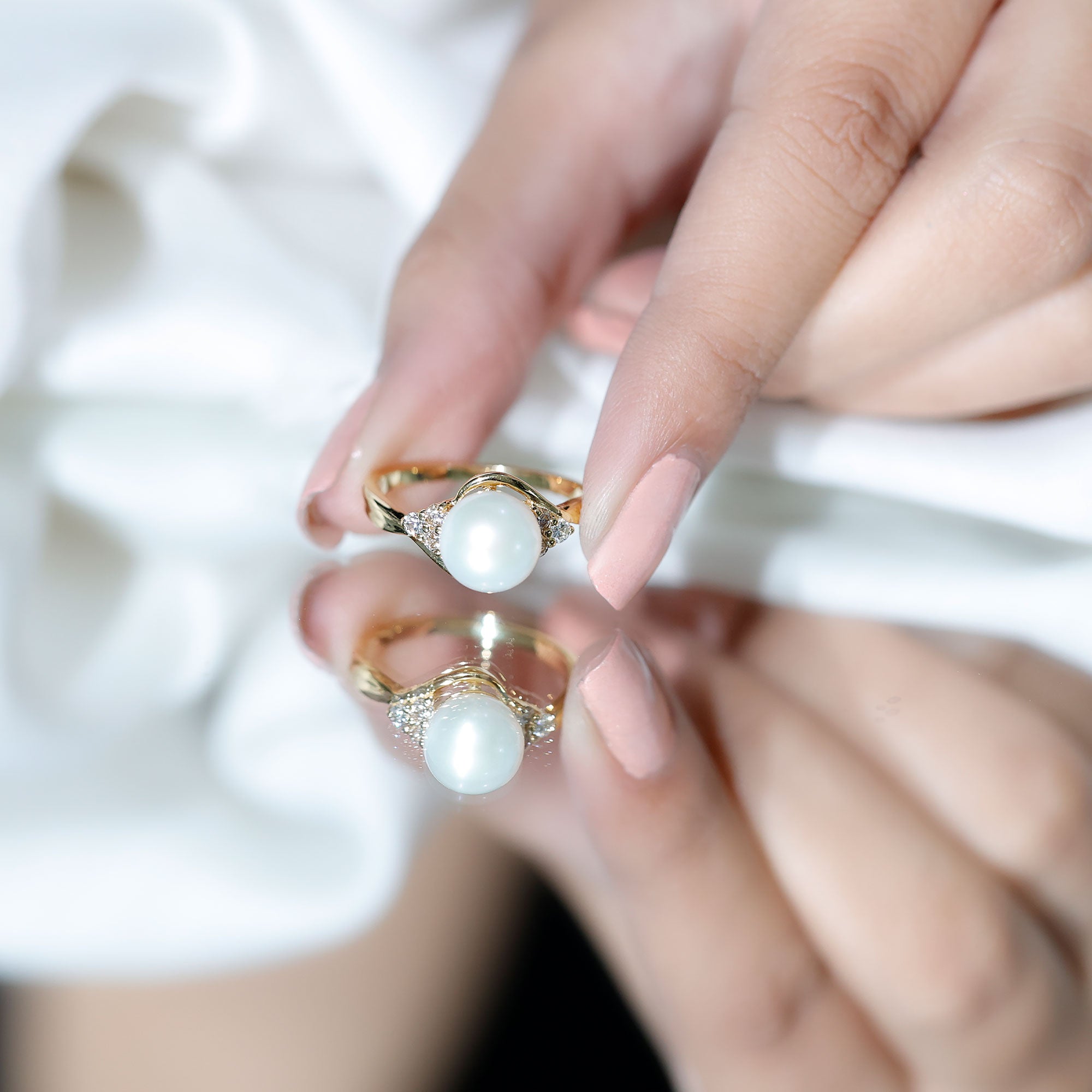 Rosec Jewels-Natural 7.4 Carat Freshwater Pearl Engagement Ring with Diamond Trio