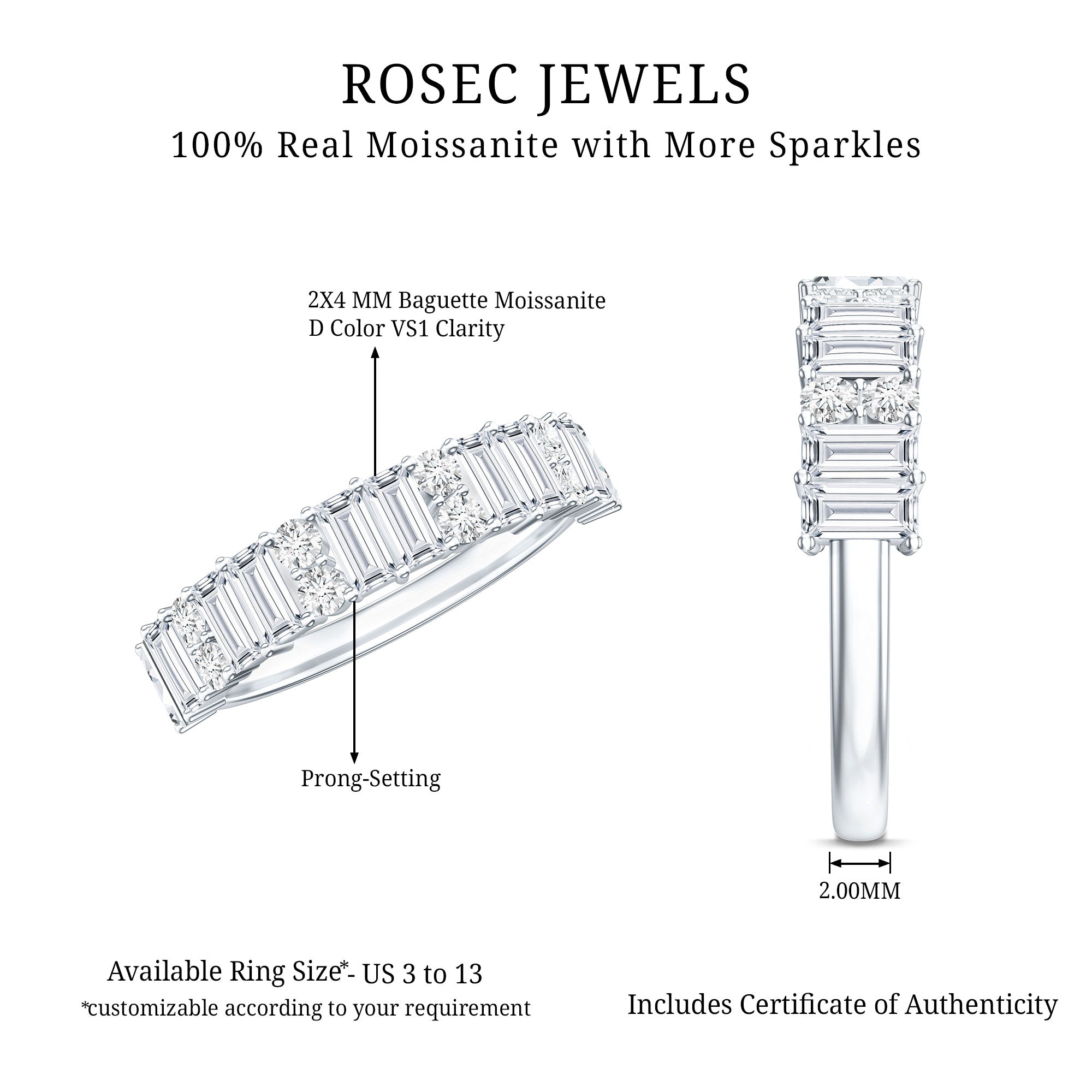 Baguette and Round Moissanite Half Eternity Band Ring D-VS1 - Rosec Jewels