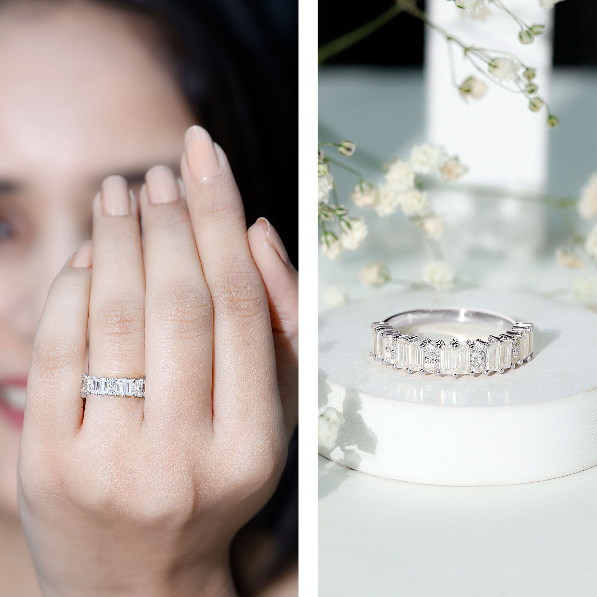 Baguette and Round Moissanite Half Eternity Band Ring D-VS1 - Rosec Jewels