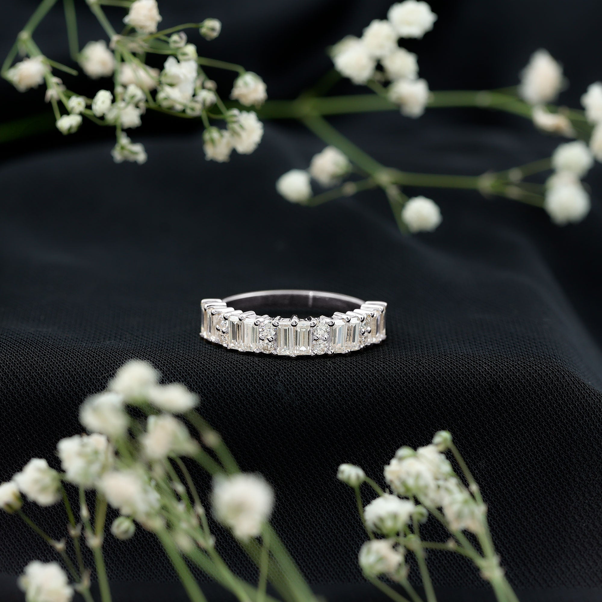 Baguette and Round Moissanite Half Eternity Band Ring D-VS1 - Rosec Jewels
