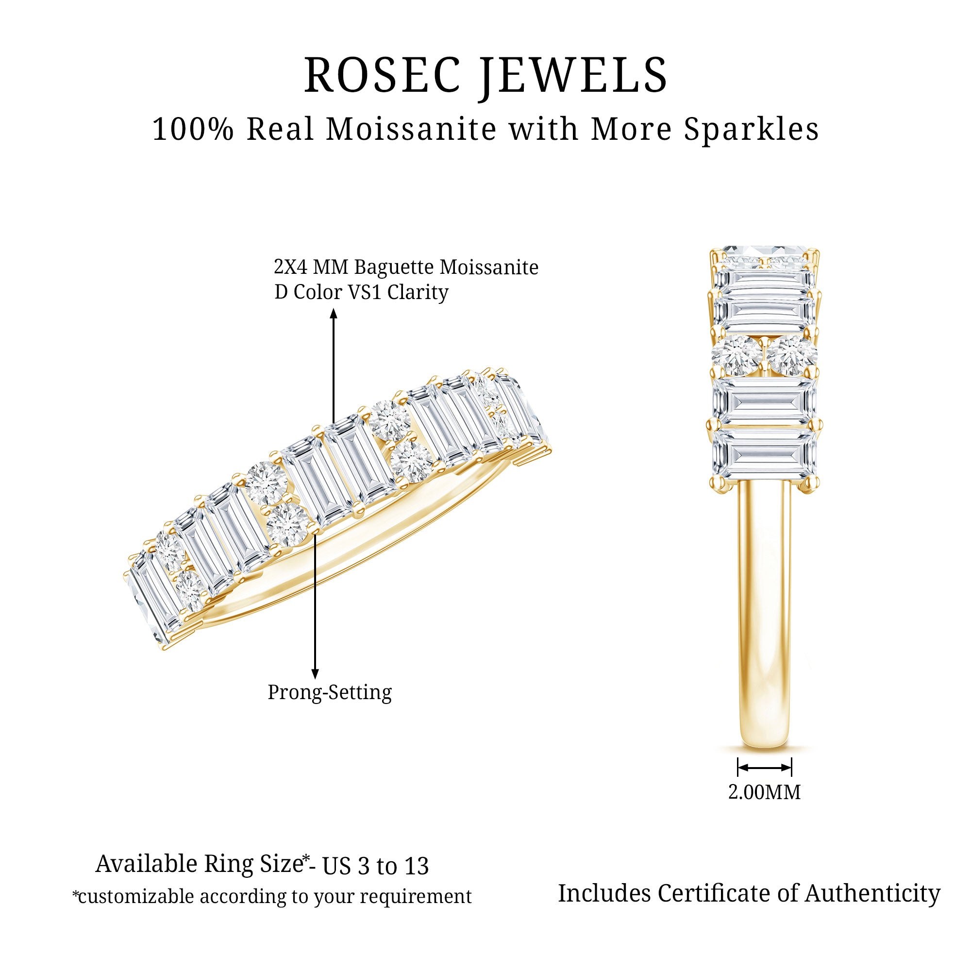 Baguette and Round Moissanite Half Eternity Band Ring D-VS1 - Rosec Jewels