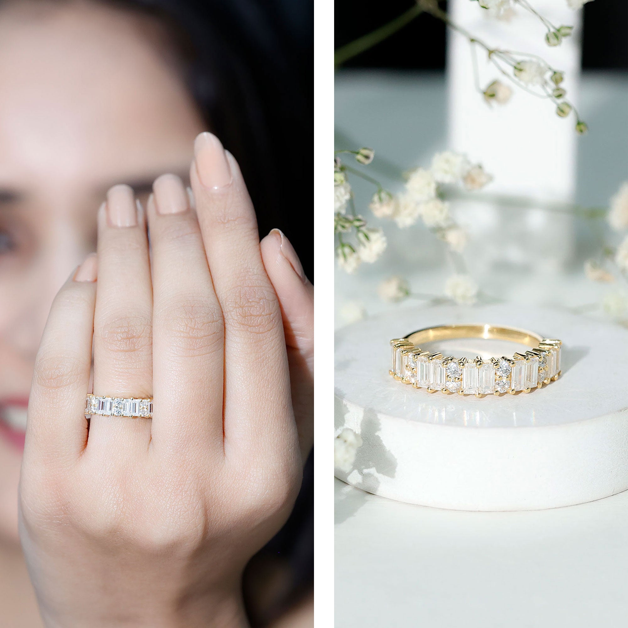 Baguette and Round Moissanite Half Eternity Band Ring D-VS1 - Rosec Jewels
