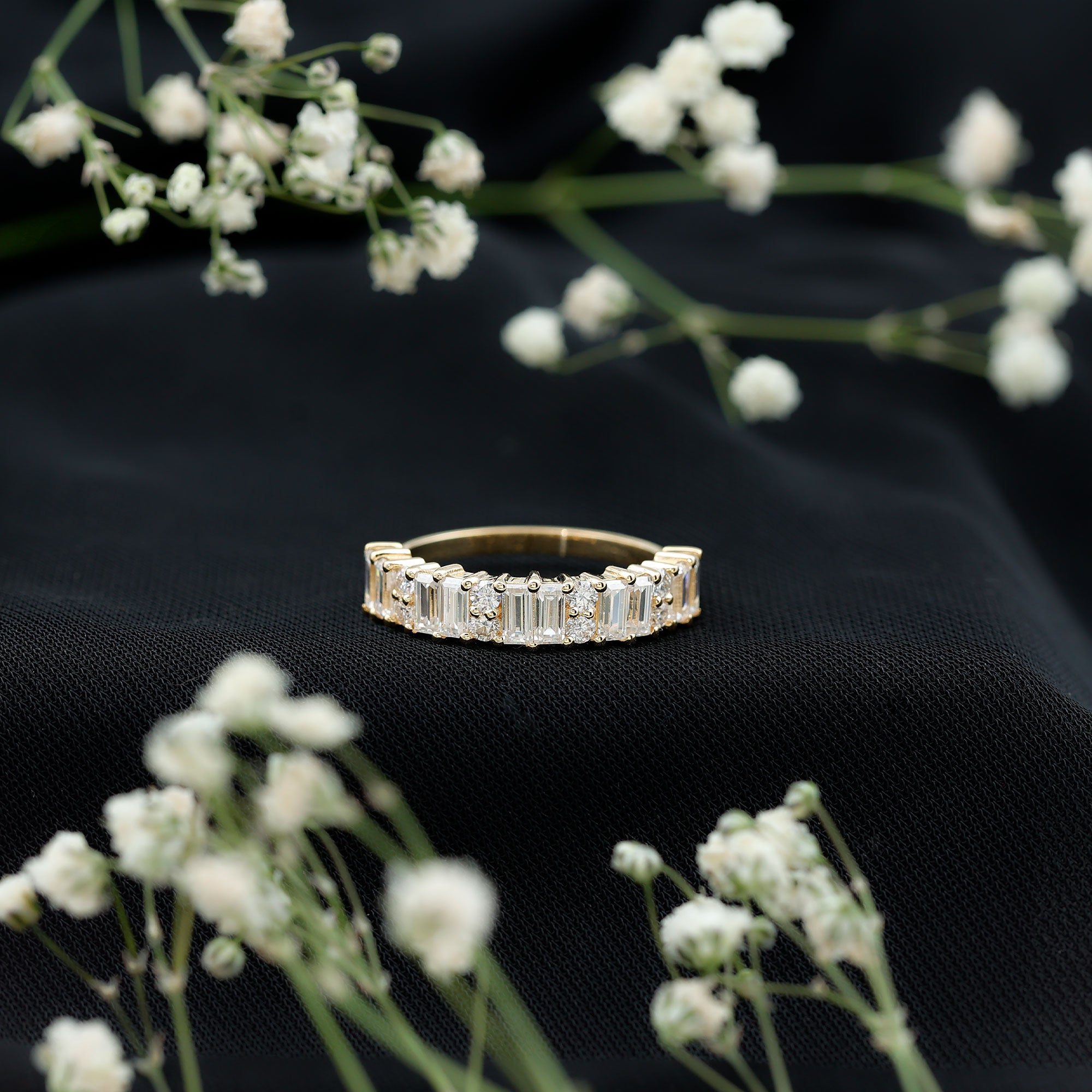 Baguette and Round Moissanite Half Eternity Band Ring D-VS1 - Rosec Jewels