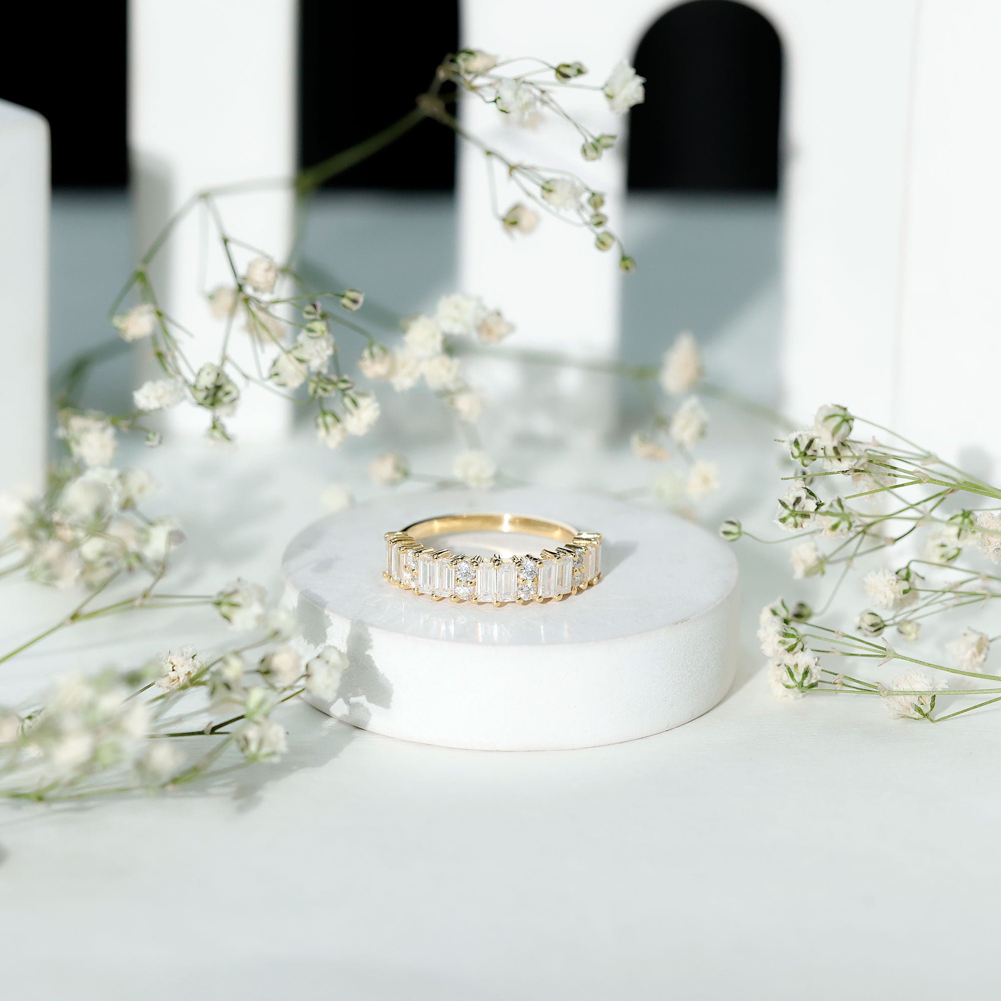 Baguette and Round Moissanite Half Eternity Band Ring D-VS1 - Rosec Jewels