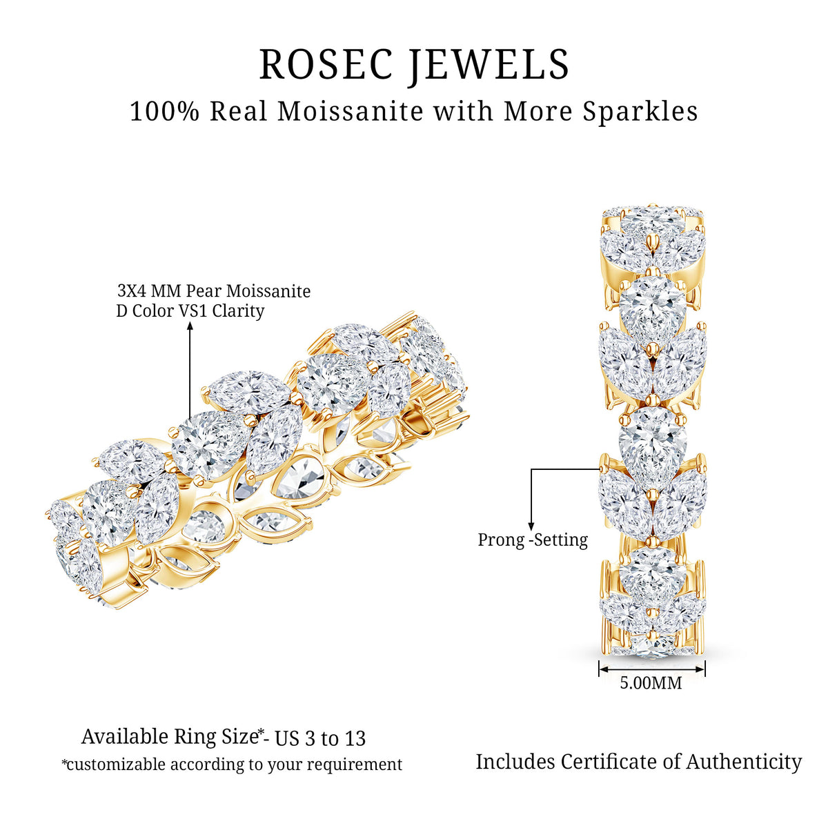 Certified Moissanite Leaf Eternity Band Ring for Women D-VS1 - Rosec Jewels