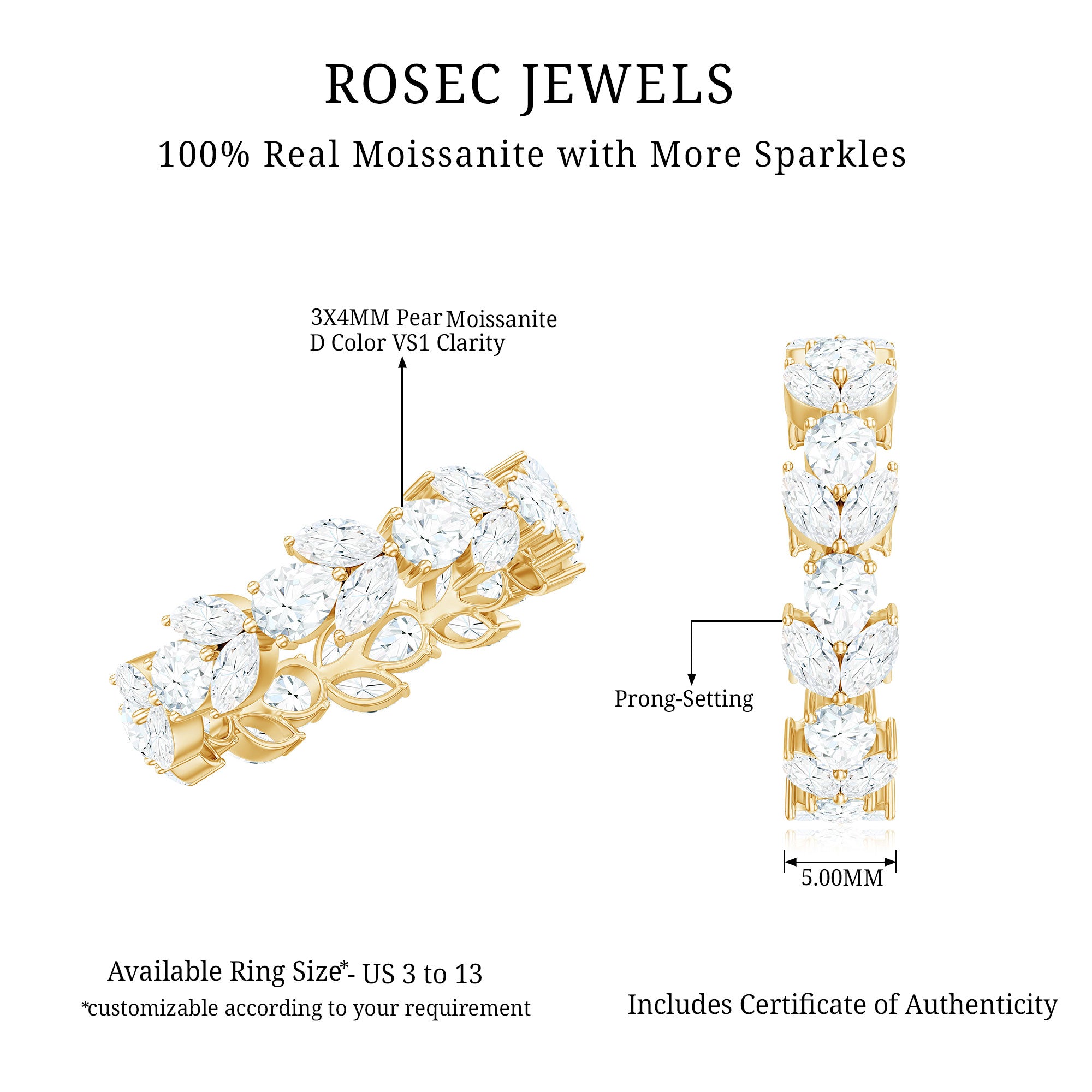 Certified Moissanite Leaf Eternity Band Ring for Women D-VS1 - Rosec Jewels