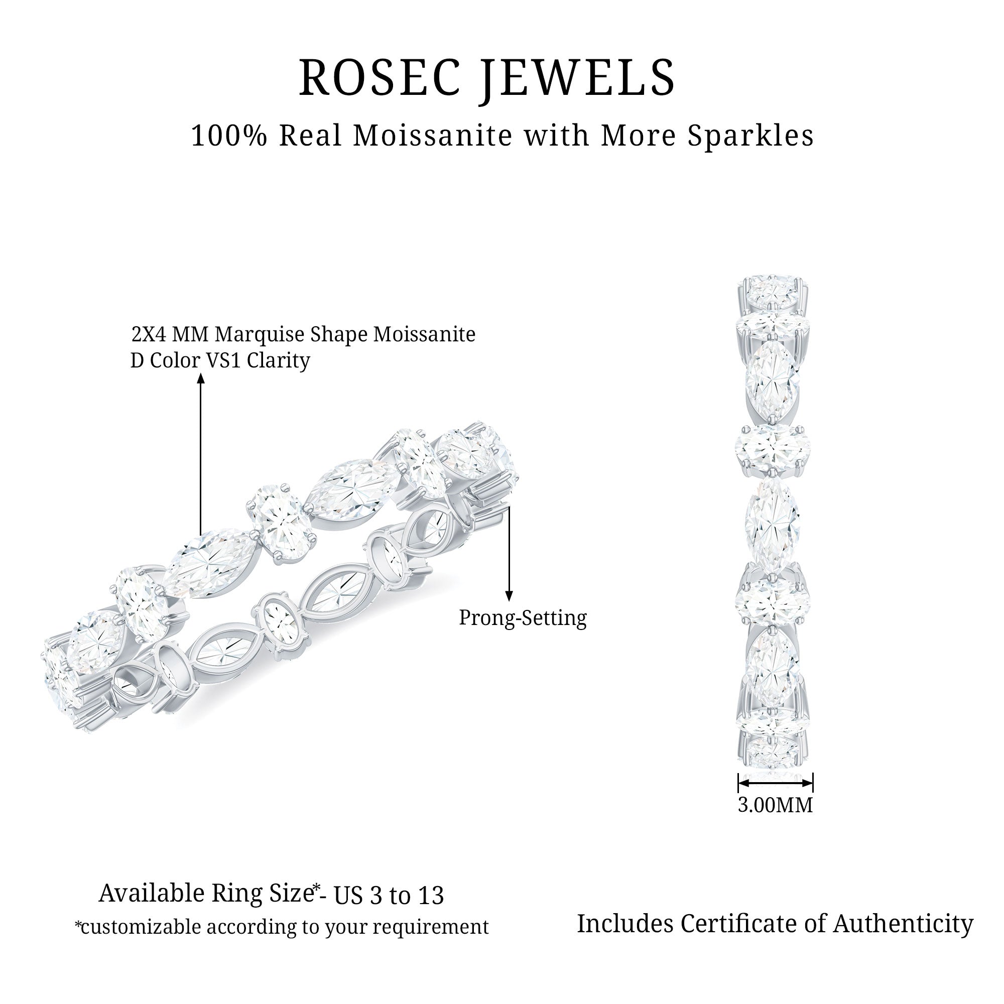 Oval and Marquise Cut Moissanite Stackable Eternity Ring D-VS1 - Rosec Jewels