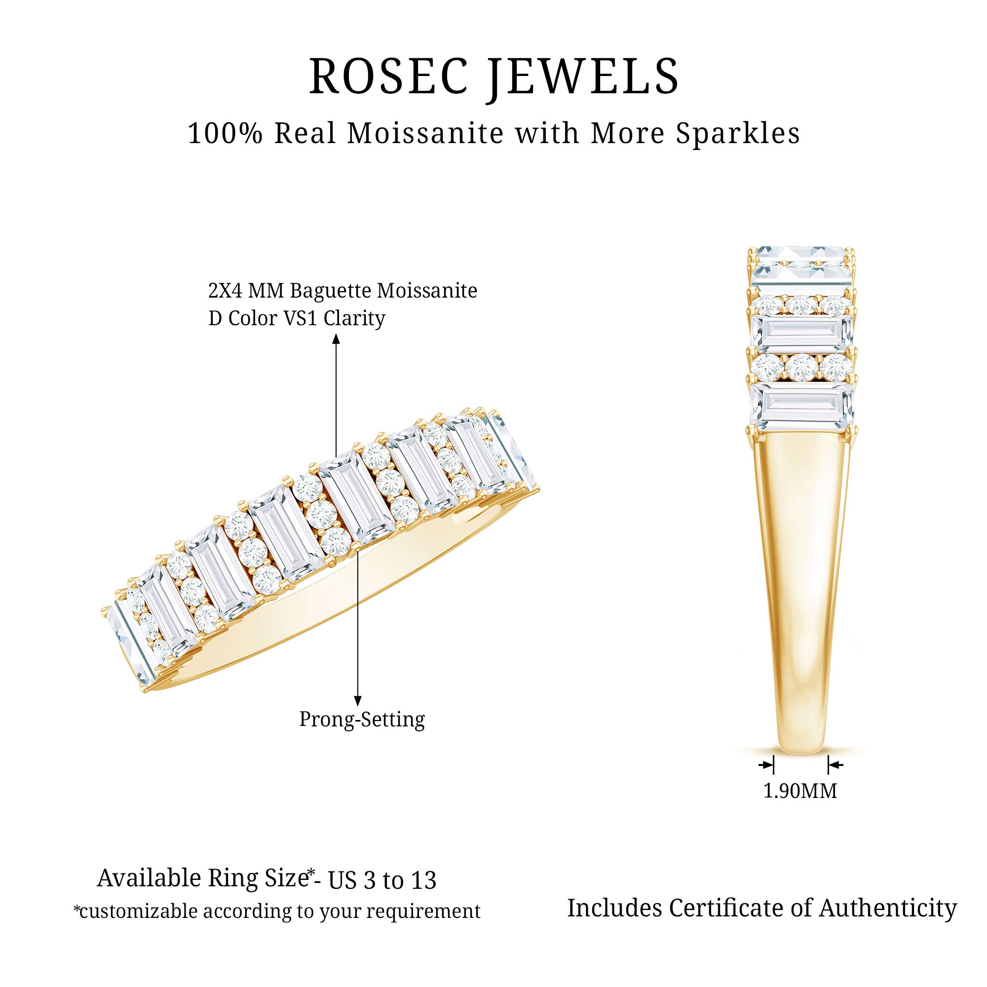 Certified Baguette Moissanite Half Eternity Band Ring for Women D-VS1 - Rosec Jewels
