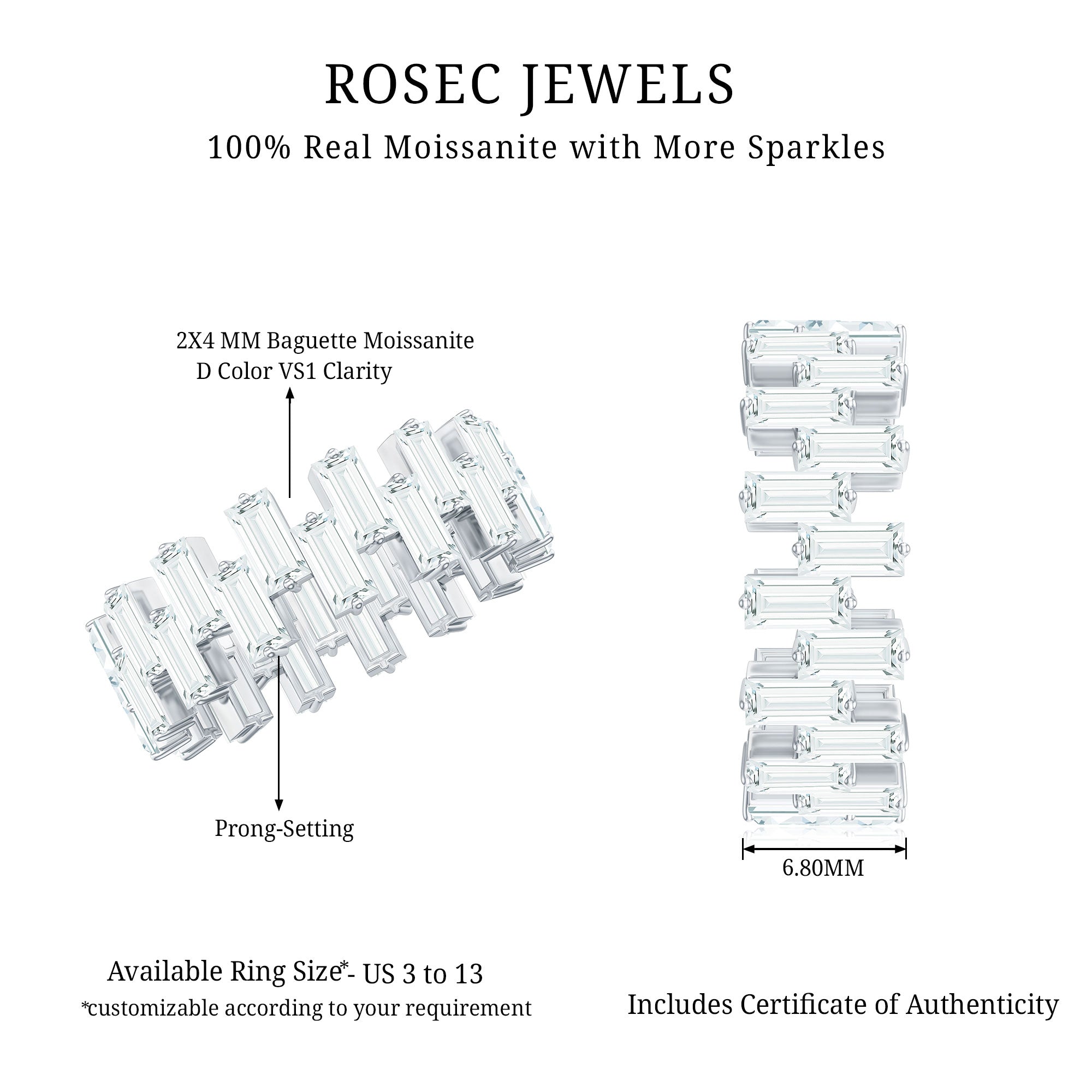 Certified Moissanite Baguette Eternity Band Ring D-VS1 - Rosec Jewels