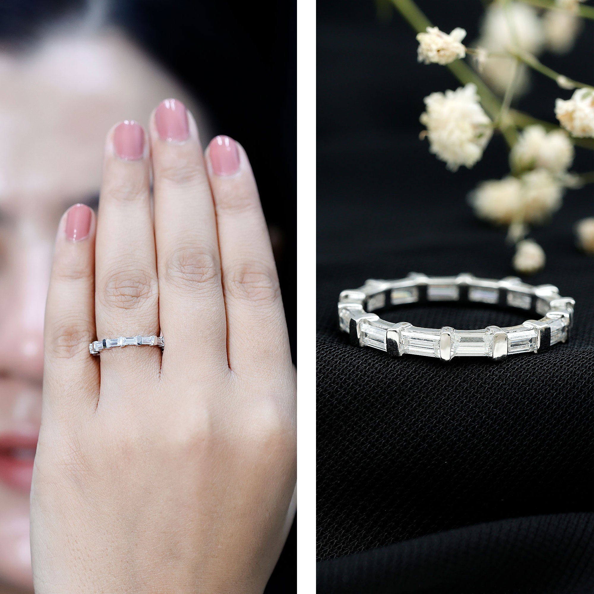 Certified Baguette Cut Moissanite East West Eternity Ring D-VS1 - Rosec Jewels