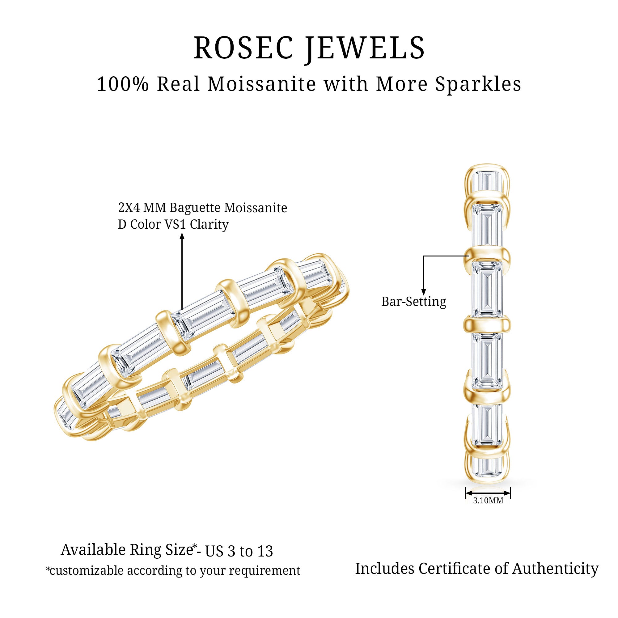 Certified Baguette Cut Moissanite East West Eternity Ring D-VS1 - Rosec Jewels