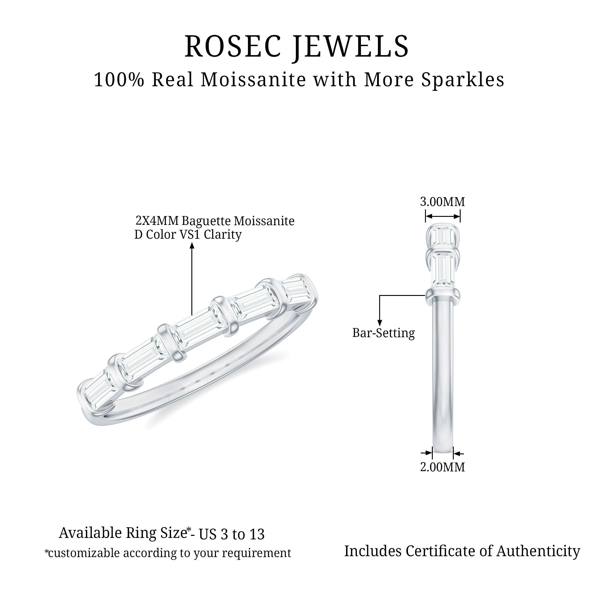East West Set Moissanite Half Eternity Ring for Her D-VS1 - Rosec Jewels