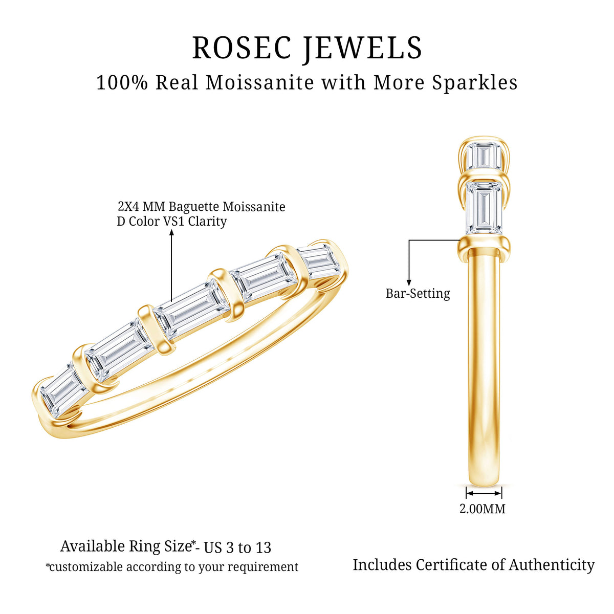 East West Set Moissanite Half Eternity Ring for Her D-VS1 - Rosec Jewels