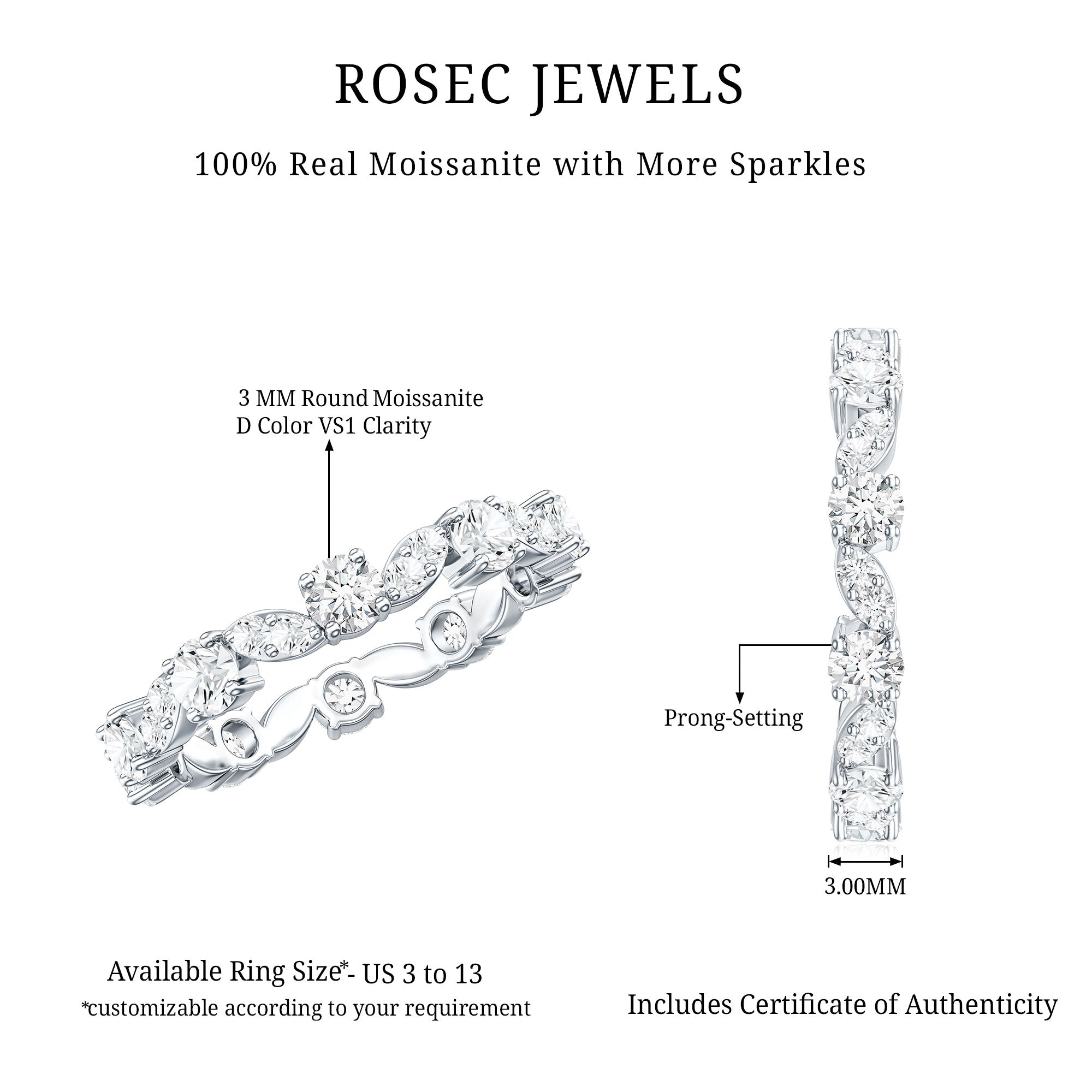 Certified Moissanite Eternity Wedding Band Ring in Prong Setting D-VS1 - Rosec Jewels