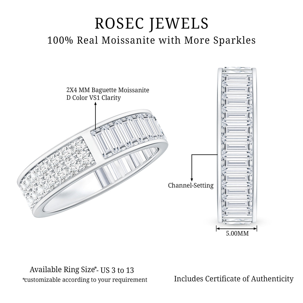 Certified Moissanite Wide Eternity Wedding Band D-VS1 - Rosec Jewels