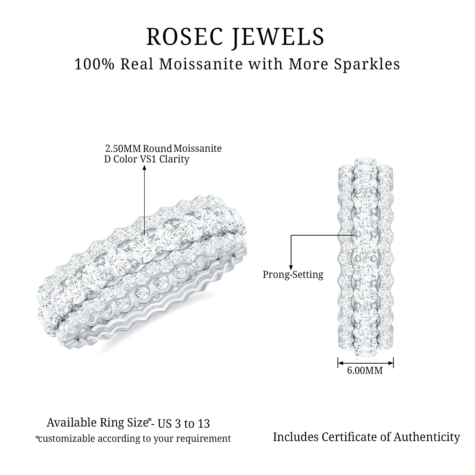 Certified Round Cut Moissanite Eternity Ring For Wedding D-VS1 - Rosec Jewels