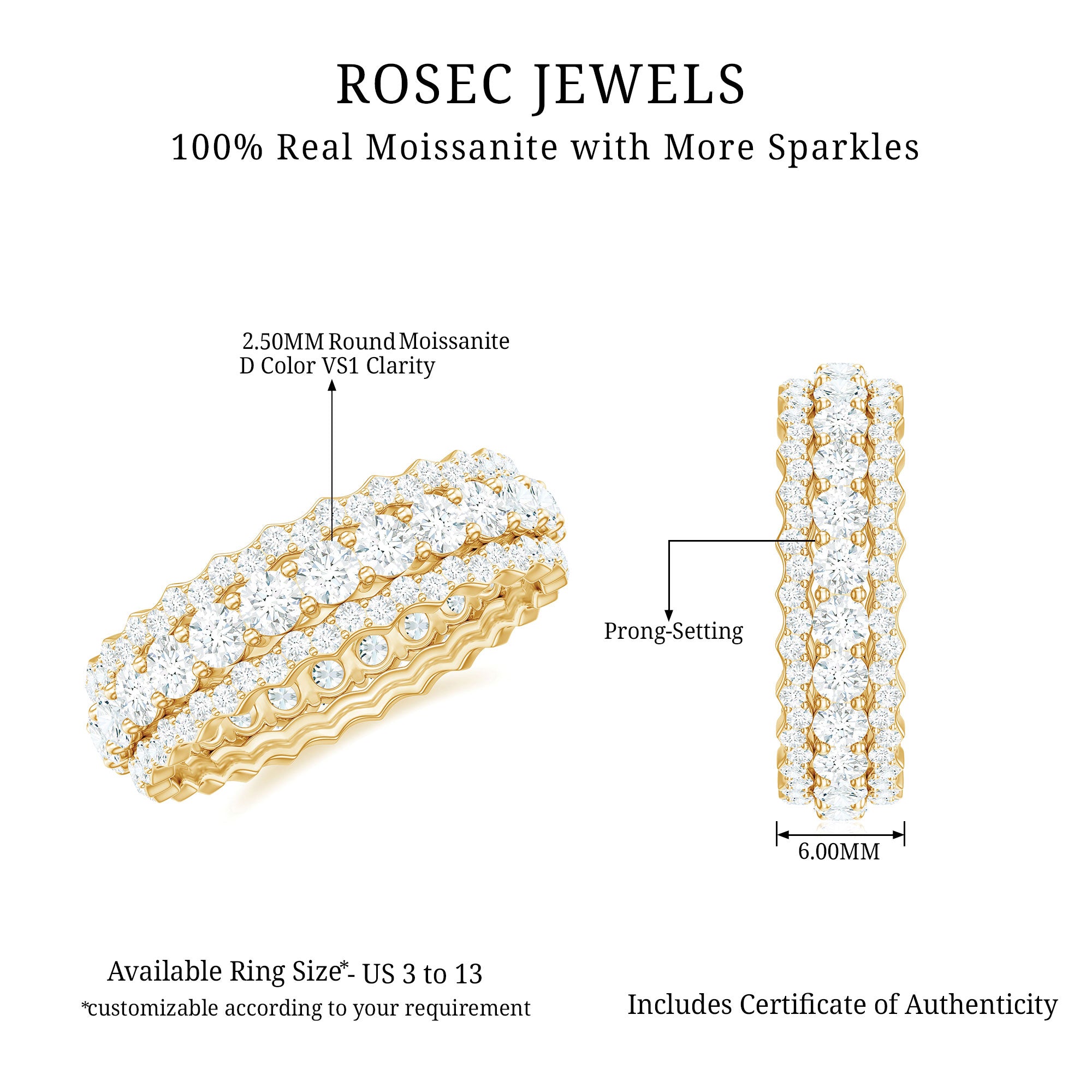 Certified Round Cut Moissanite Eternity Ring For Wedding D-VS1 - Rosec Jewels