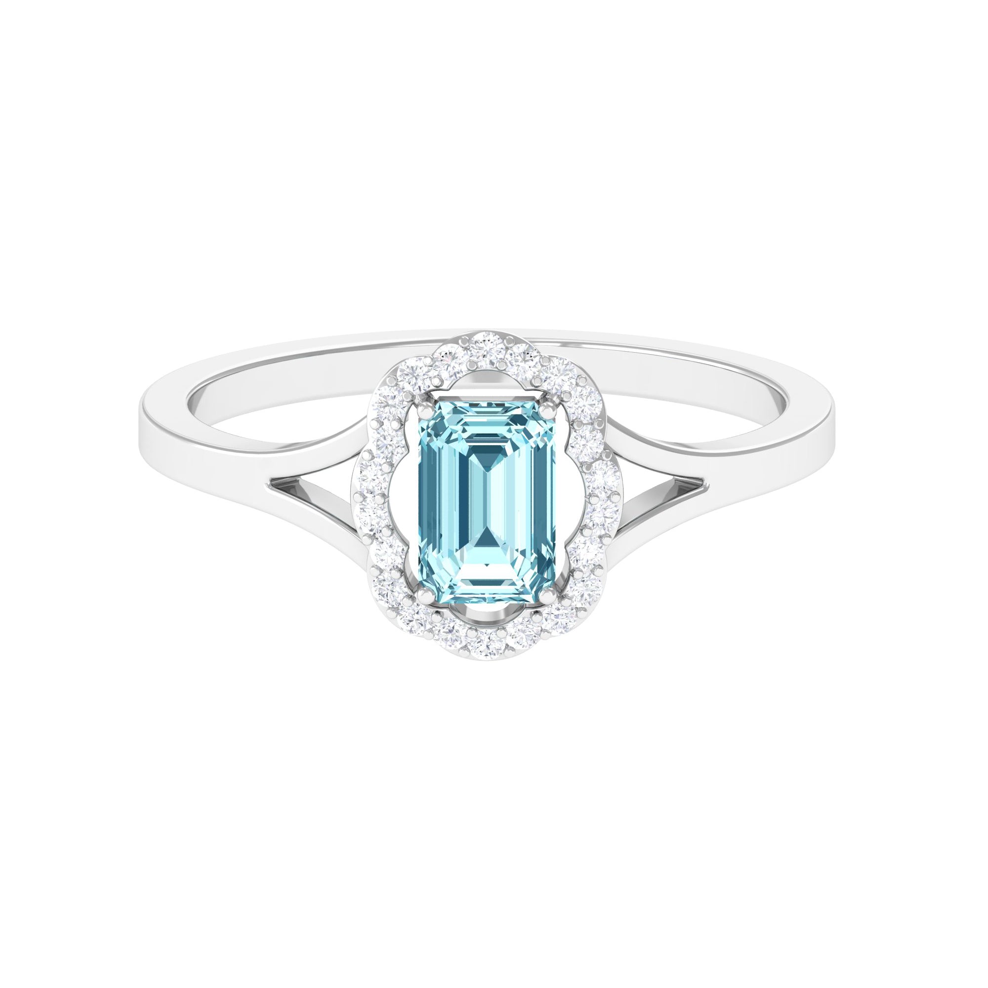 Rosec Jewels-Emerald Cut Aquamarine Engagement Ring with Diamond Floral Halo