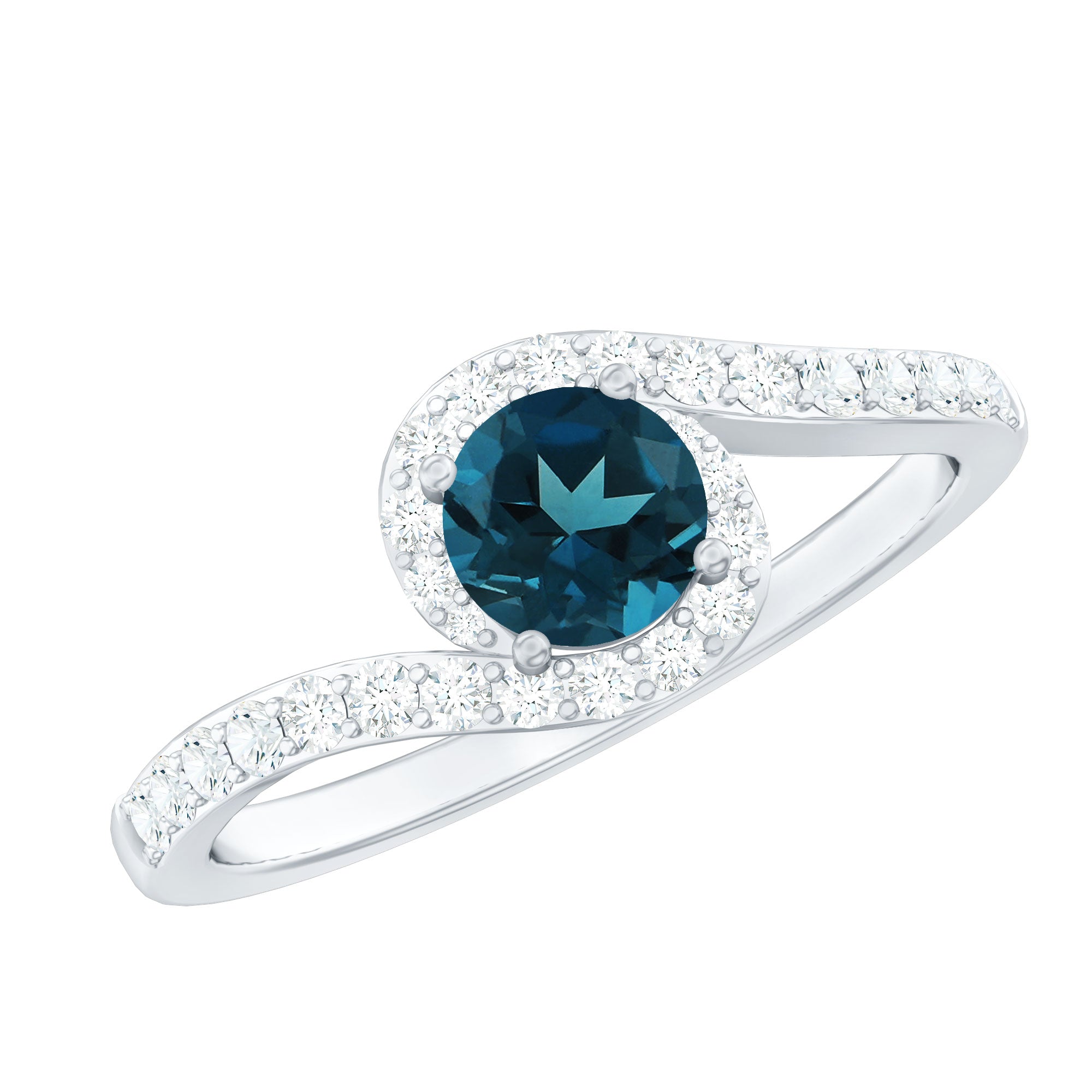 London Blue Topaz Bypass Promise Ring with Diamond Halo AAA - Rosec Jewels