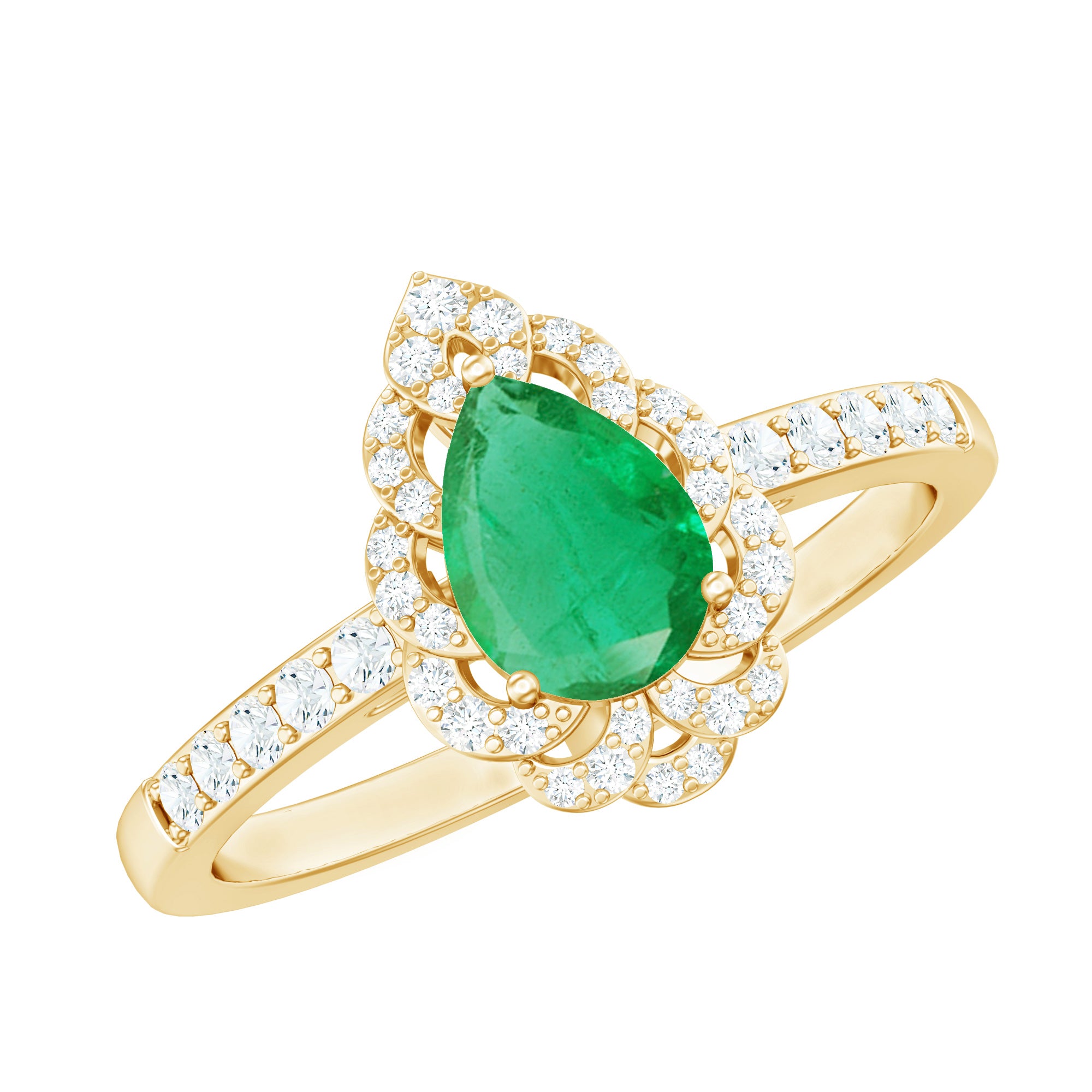Pear Shaped Emerald Nature Engagement Ring with Diamond AAA - Rosec Jewels