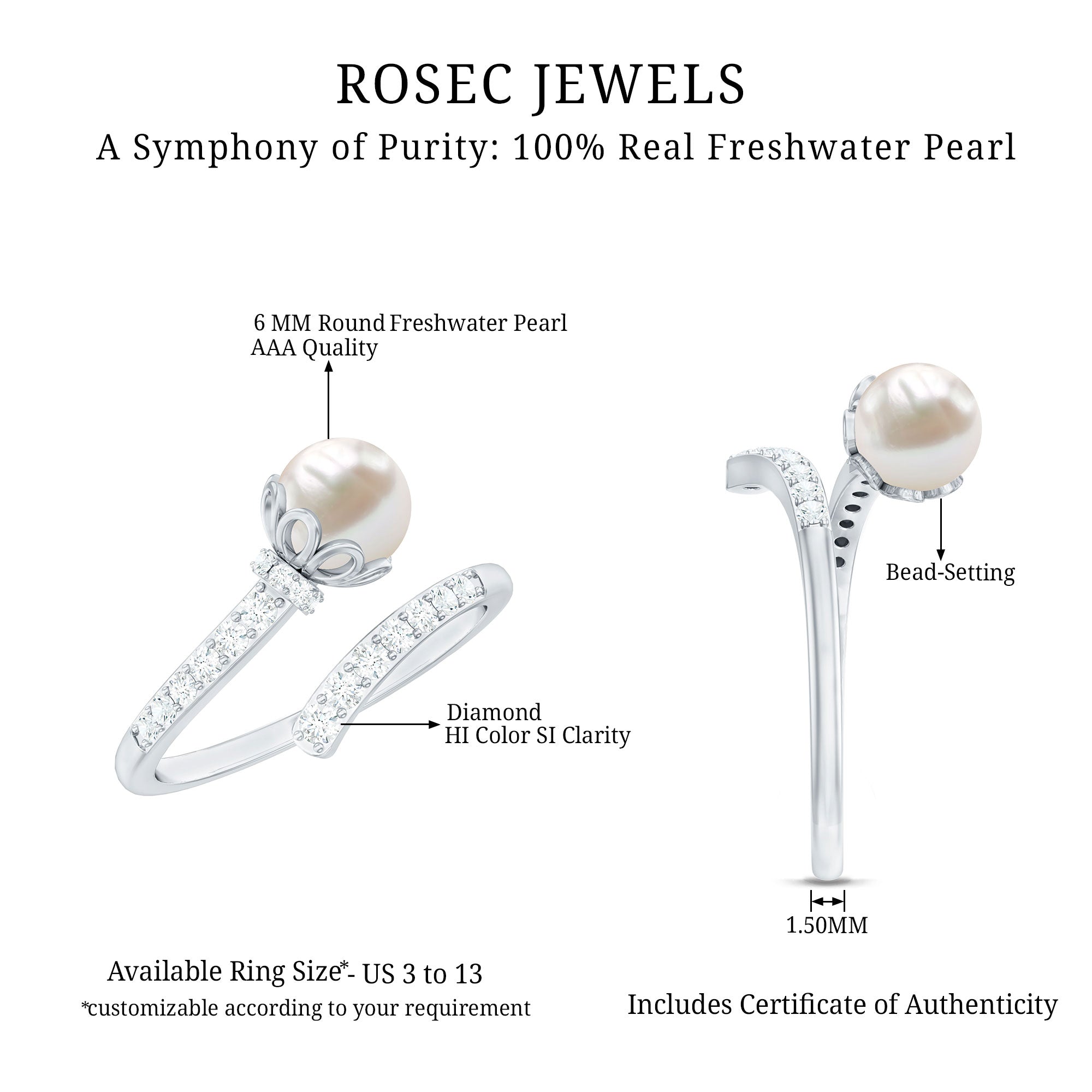 Rosec Jewels-Natural 2 Carat Freshwater Pearl Wrap Ring with Diamond