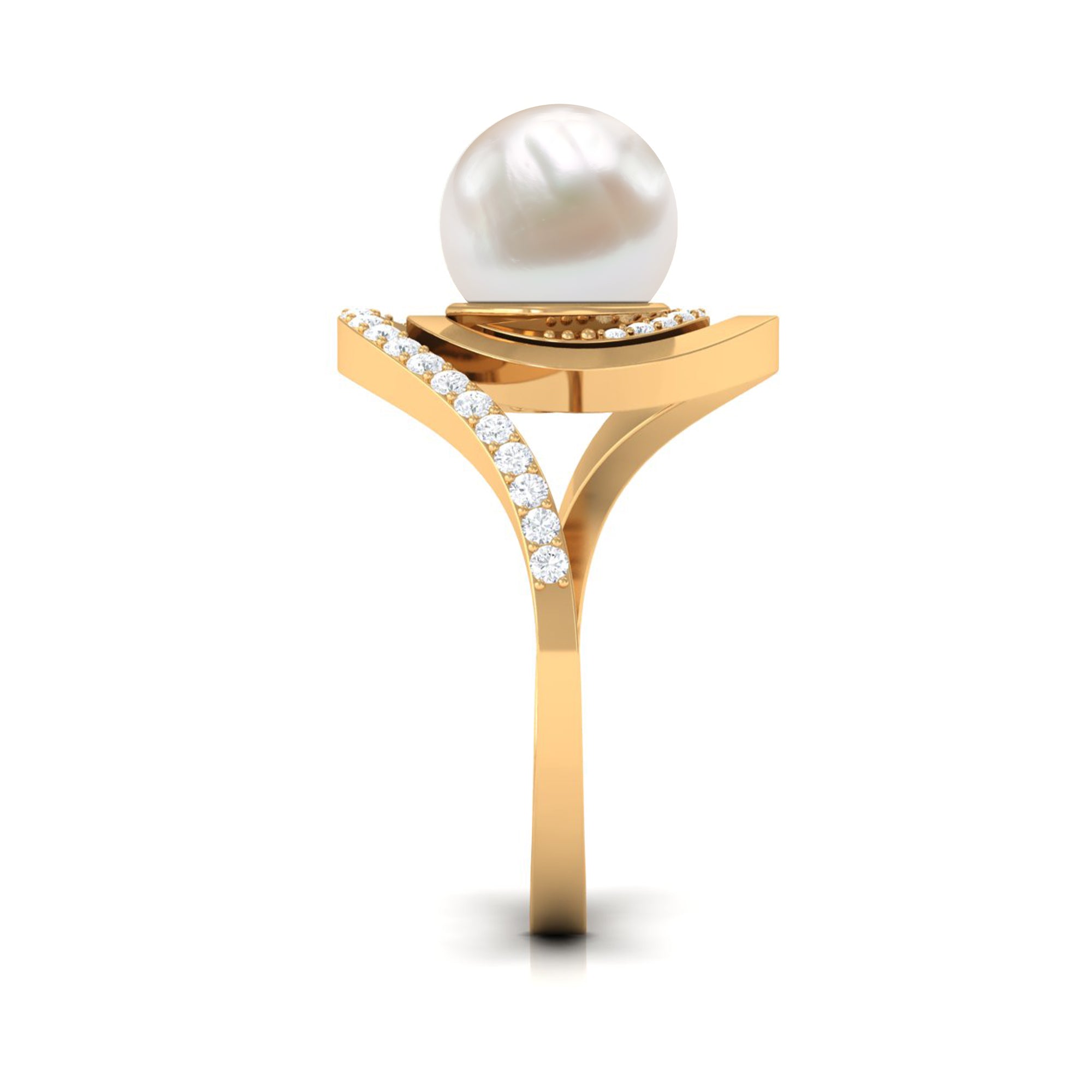 Rosec Jewels-Natural 7.4 carat Freshwater Pearl Engagement Ring with Diamond Bypass Shank