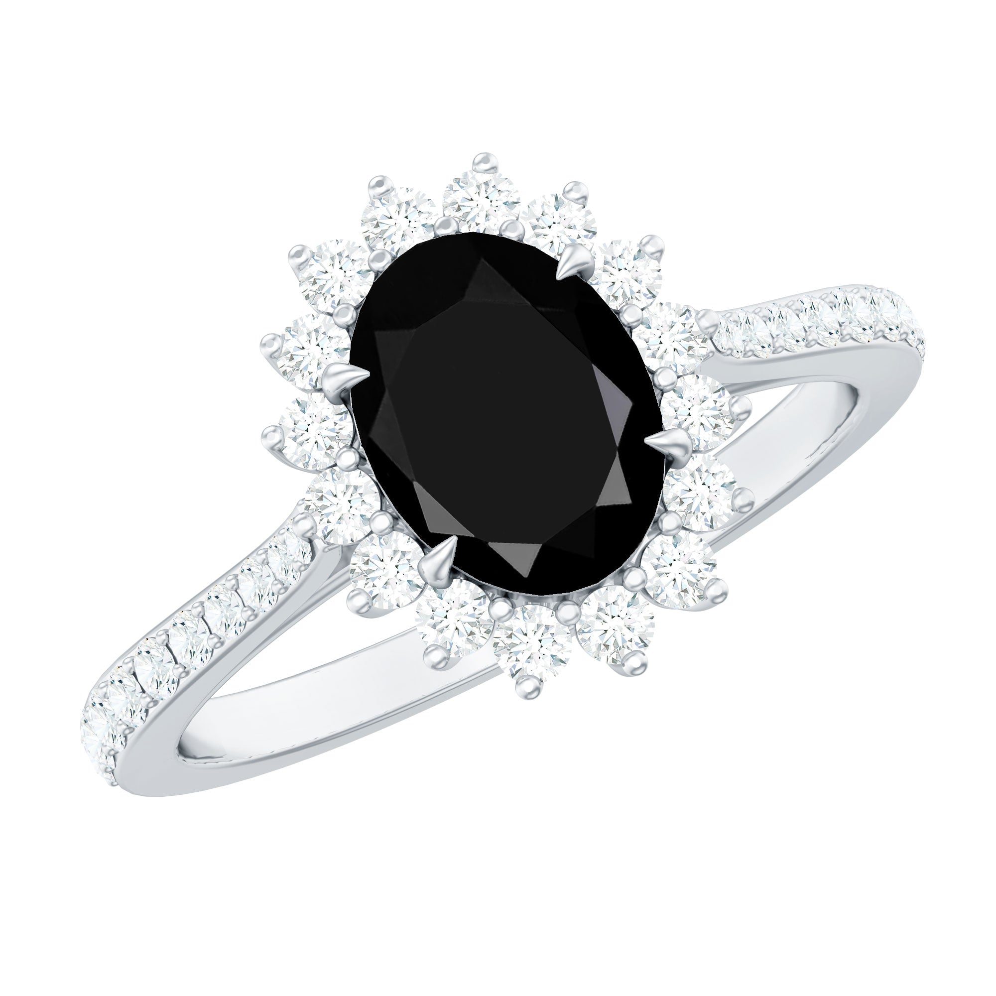 Oval Cut Lab Grown Black Diamond and Diamond Halo Engagement Ring