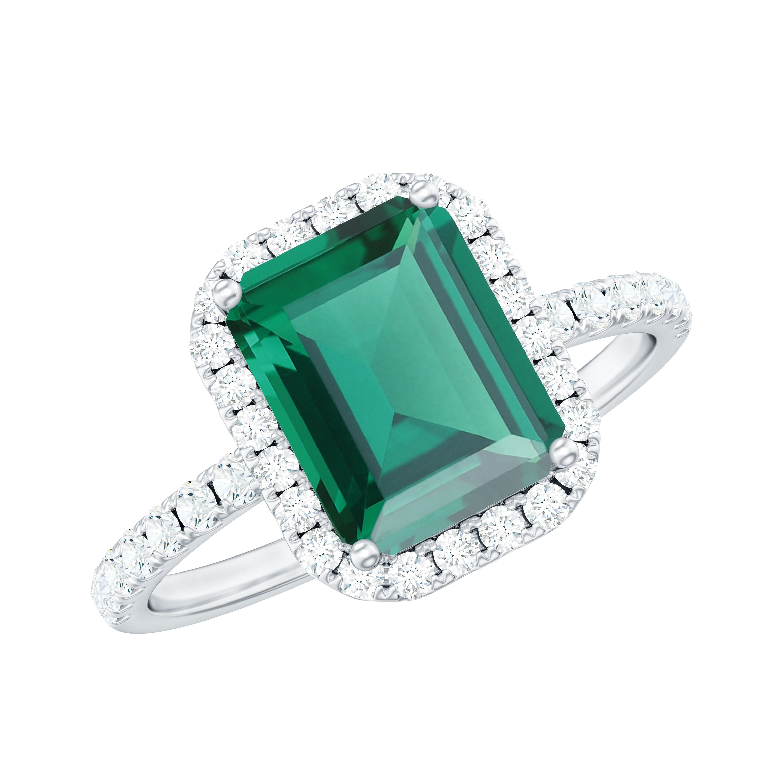 Rosec Jewels-Certified 7X9mm Lab Grown Emerald Cut Emerald Engagement Ring with Halo