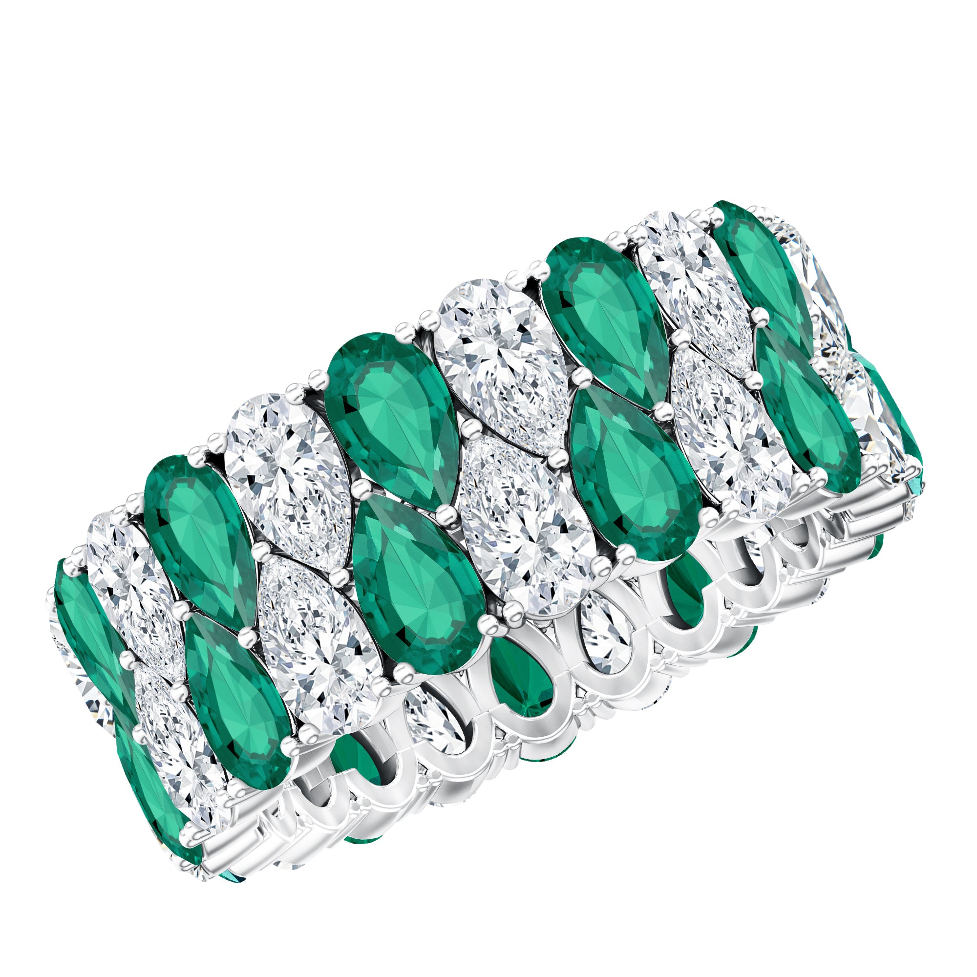 Vintage Style Lab Grown Emerald and Diamond Wide Eternity Band AAAA - Rosec Jewels