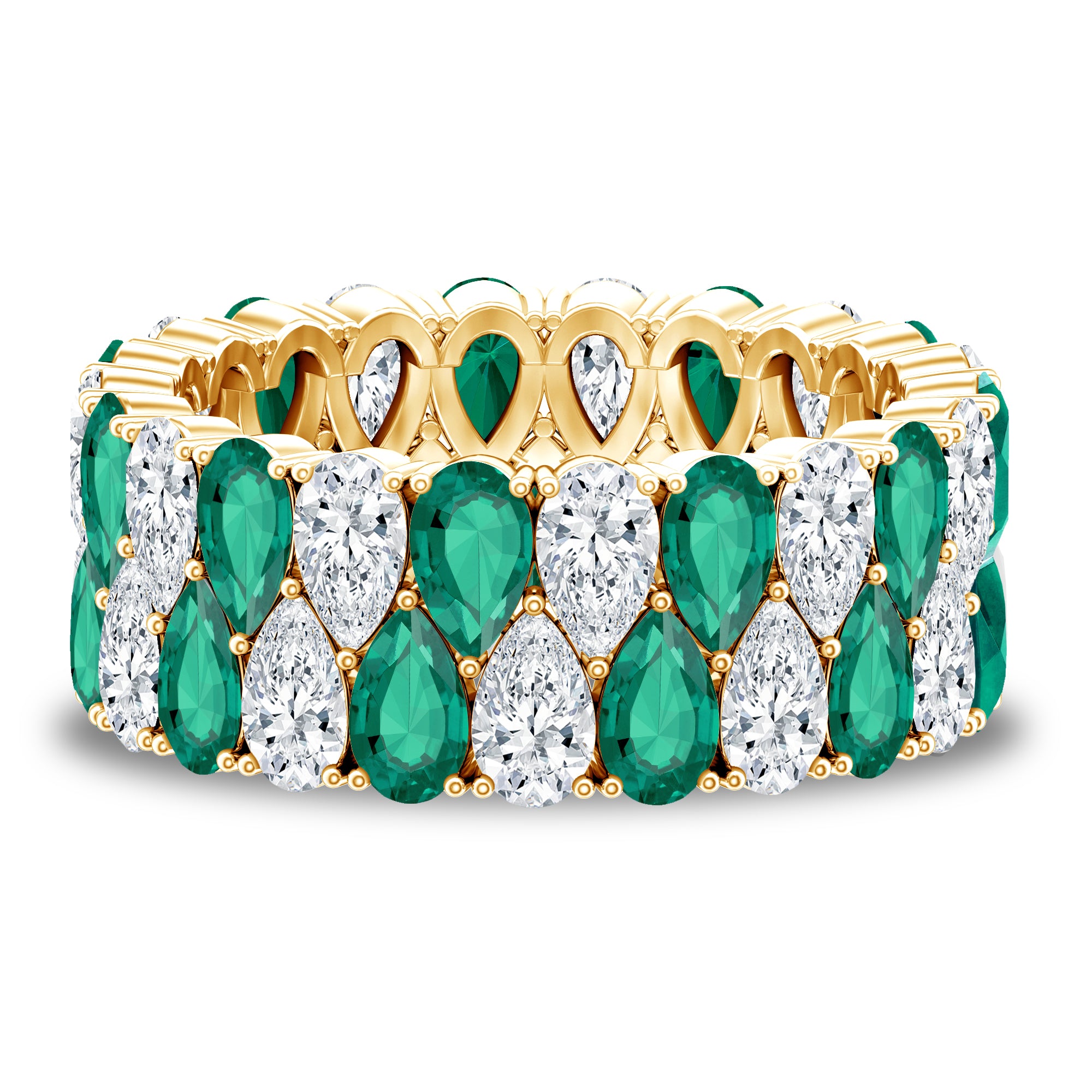 Vintage Style Lab Grown Emerald and Diamond Wide Eternity Band AAAA - Rosec Jewels