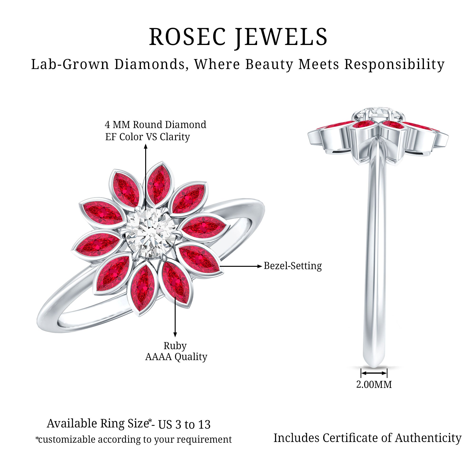 Lab Grown Diamond and Ruby Flower Cocktail Ring with Certificate Lab - ( EF-VS ) - Rosec Jewels