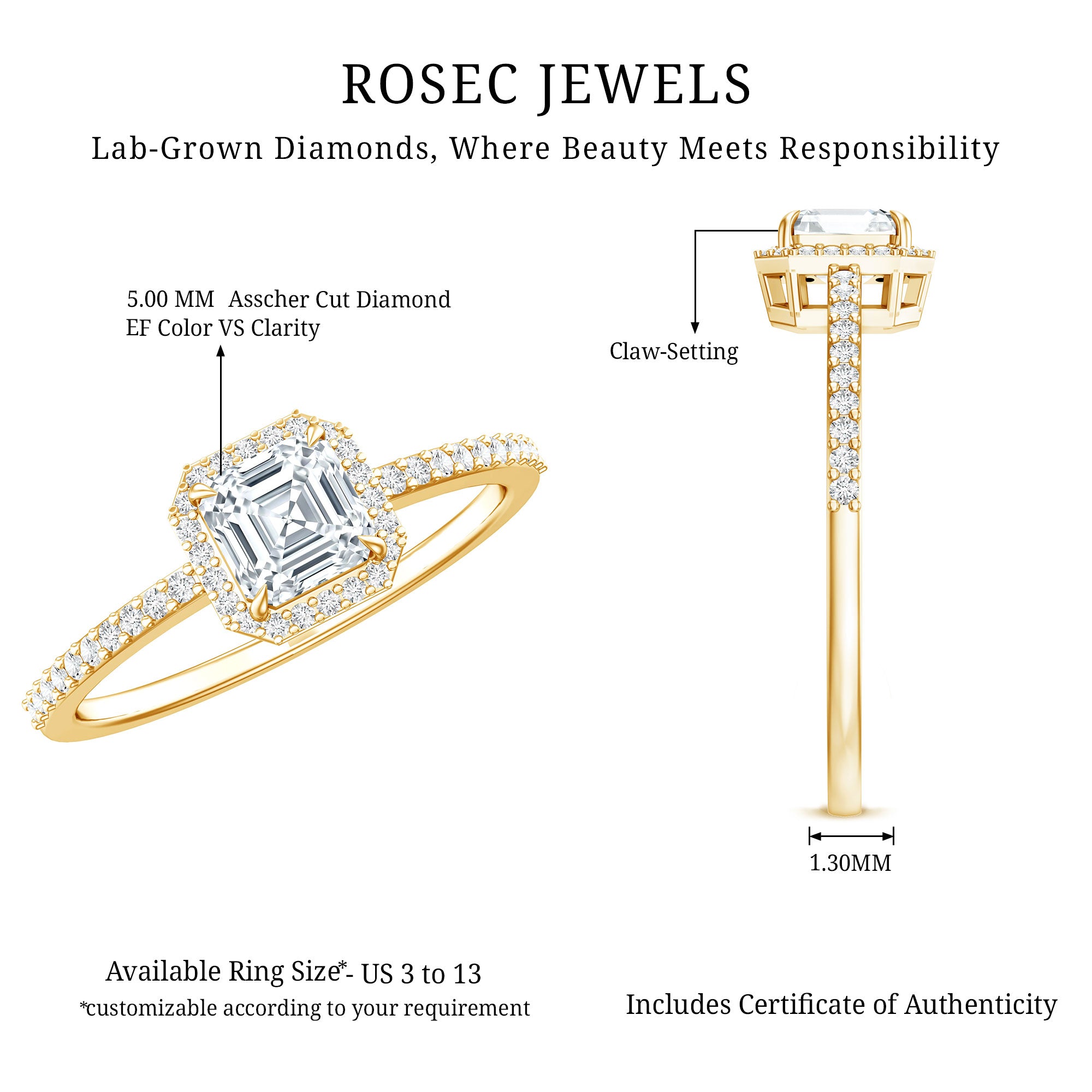 Vintage Looking Lab Grown Diamond Asscher Cut Engagement Ring Lab - ( EF-VS ) - Rosec Jewels