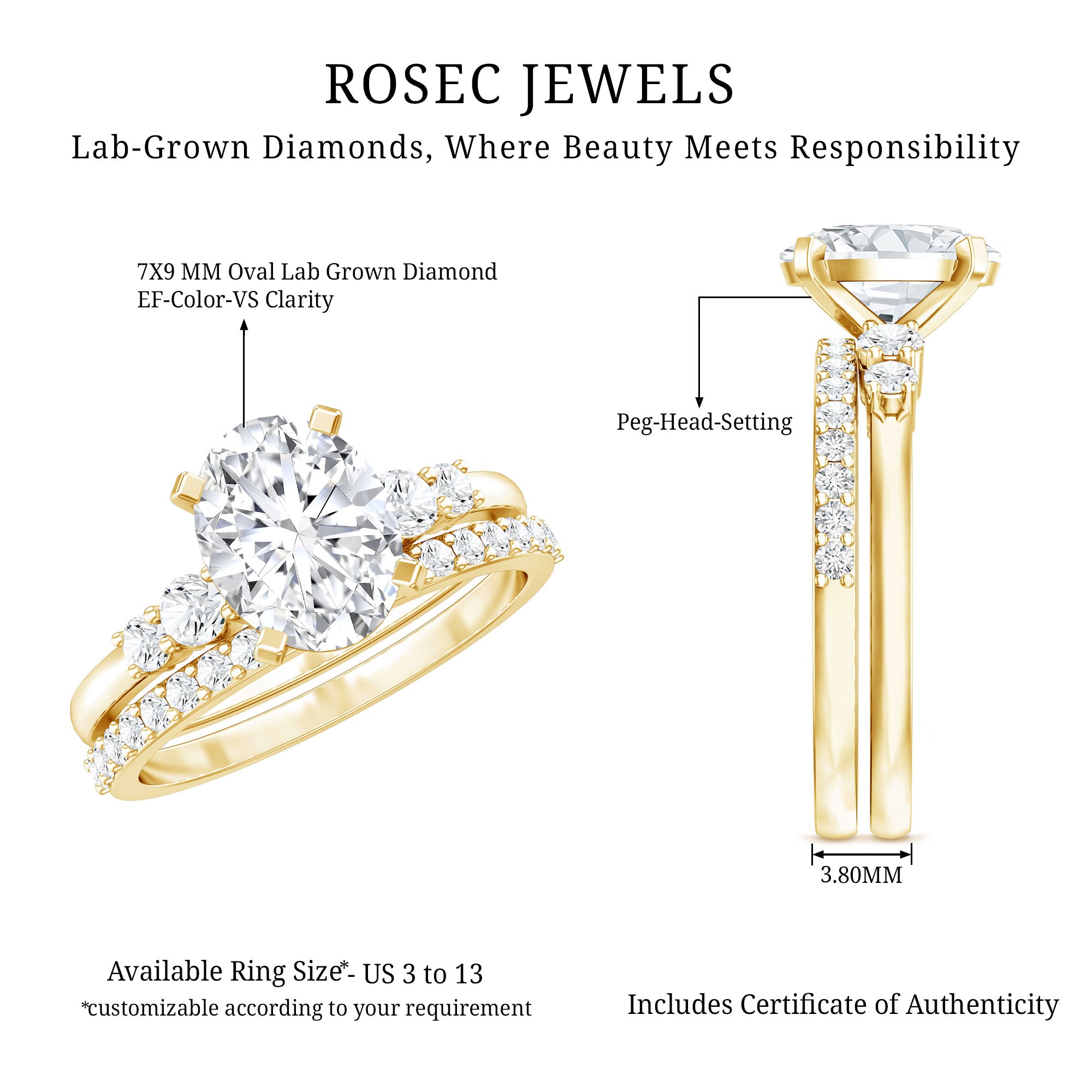 2 Carat Oval Shape Lab Diamond Bridal Ring Set with IGI Certificate Lab - ( EF-VS ) - Rosec Jewels