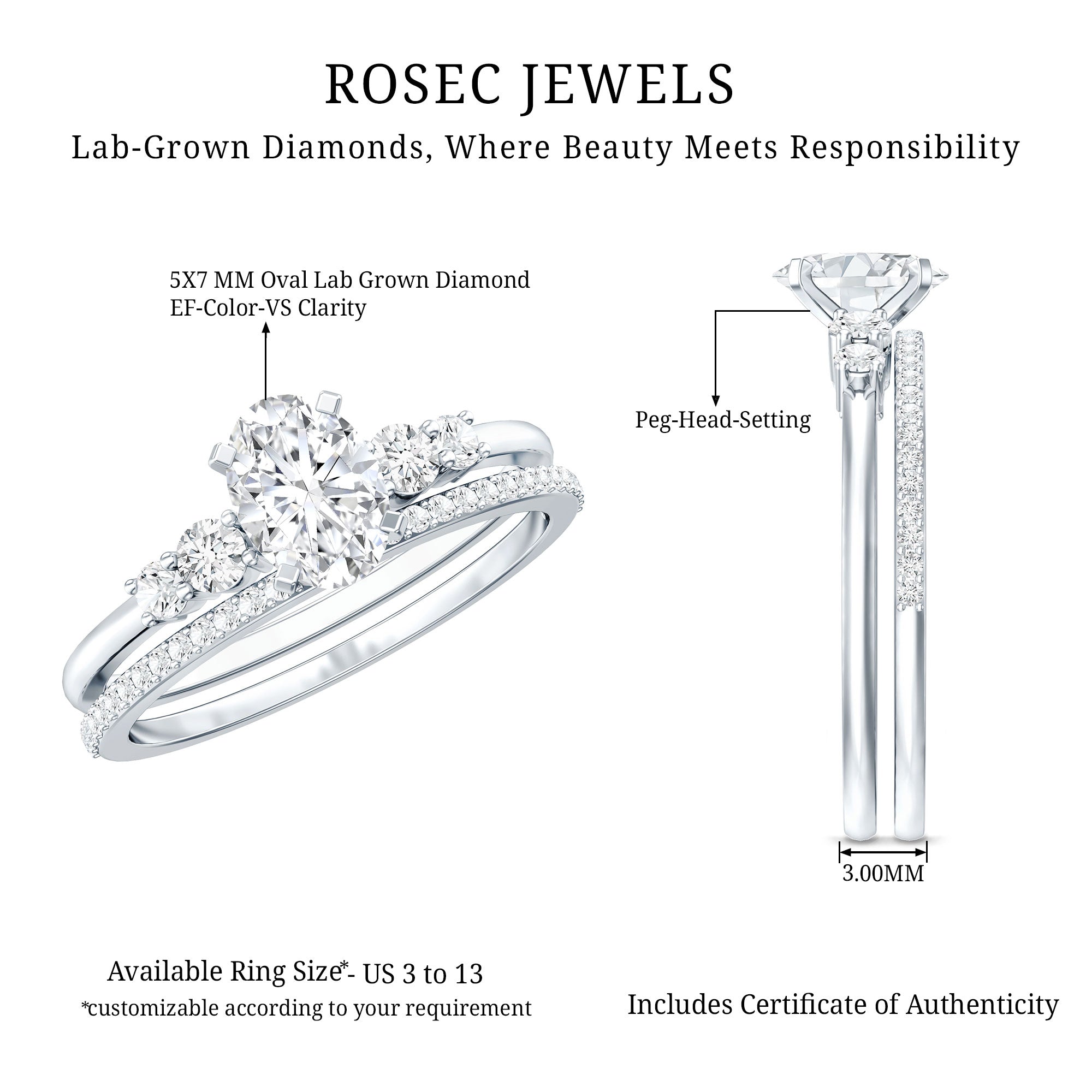 IGI Certified Lab Grown Diamond Engagement Ring with Wedding Band Lab - ( EF-VS ) - Rosec Jewels