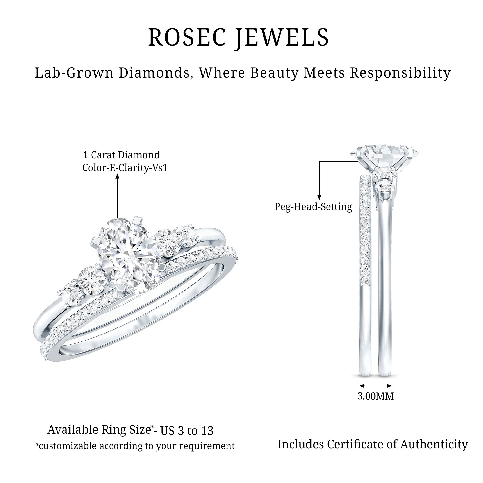 IGI Certified 1 Carat Lab Grown Diamond Engagement Ring with Wedding Band Lab - ( E-VS1 ) - Rosec Jewels