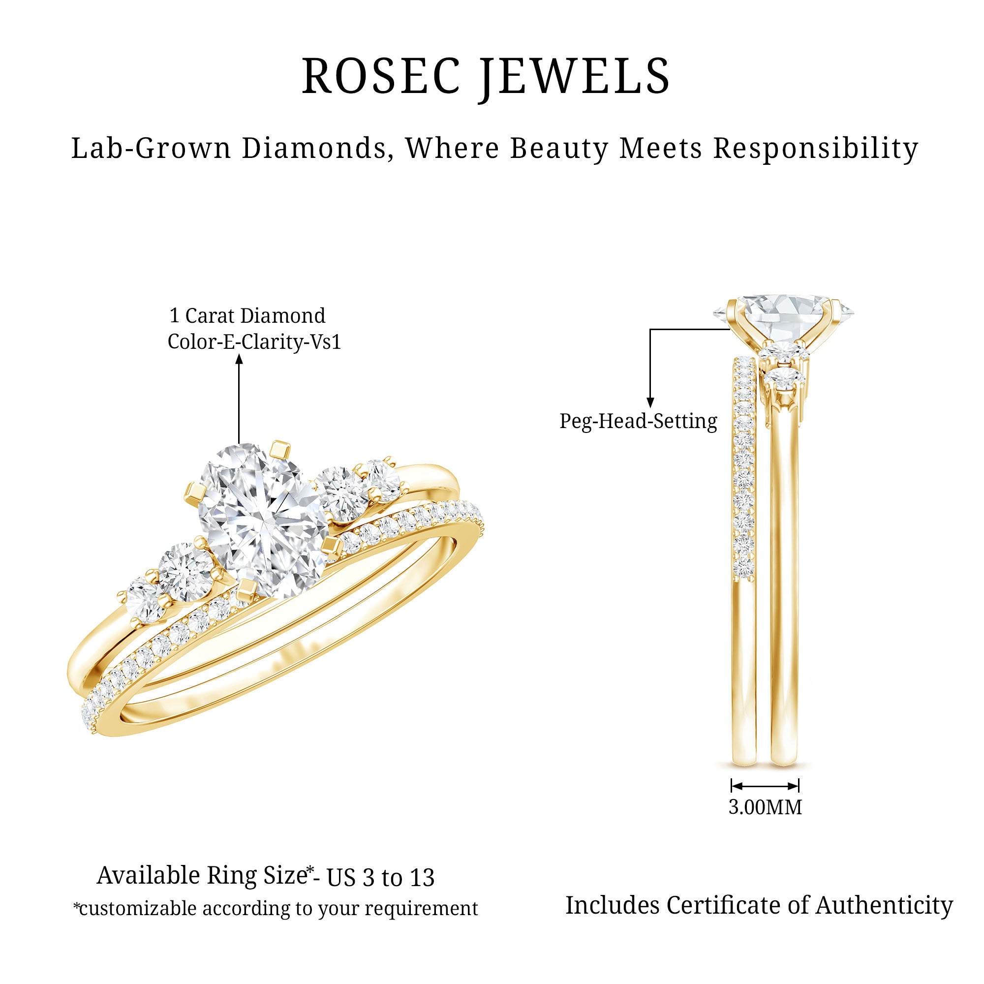IGI Certified 1 Carat Lab Grown Diamond Engagement Ring with Wedding Band Lab - ( E-VS1 ) - Rosec Jewels