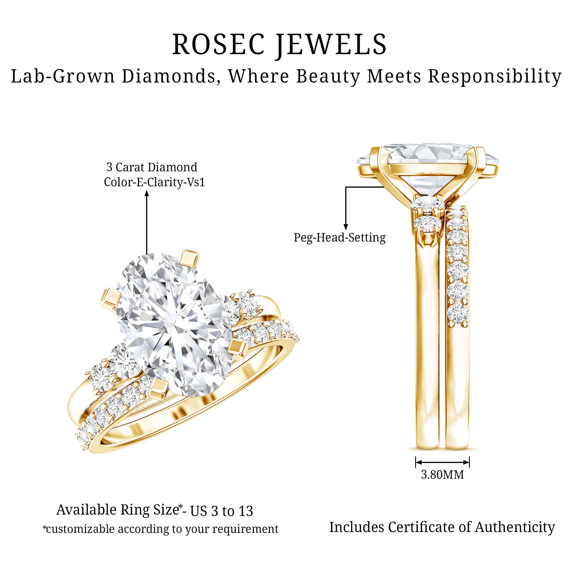 IGI Certified 3 Carat Oval Lab Grown Diamond Marriage Ring Set for Women Lab - ( E-VS1 ) - Rosec Jewels
