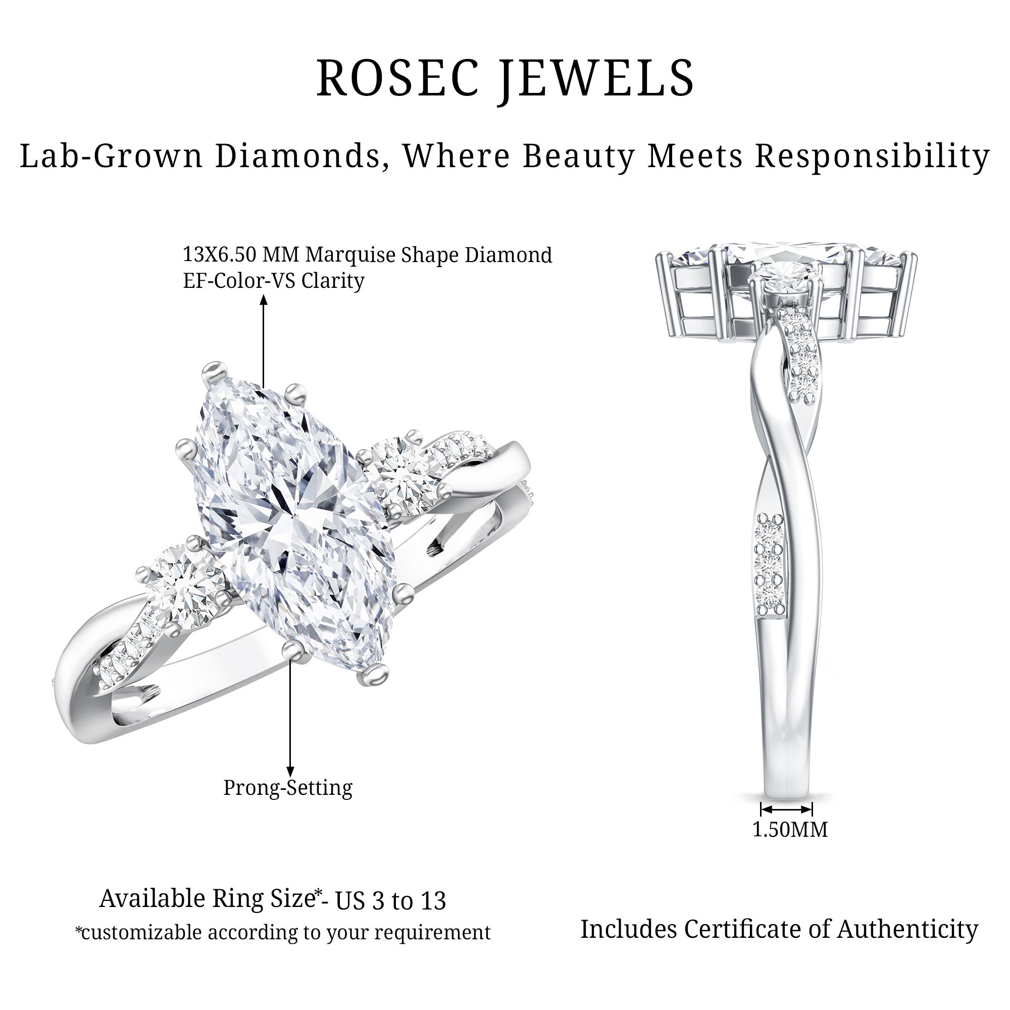 2 Carat Marquise Cut Lab Grown Diamond Crossover Engagement Ring with IGI Certificate Lab - ( EF-VS ) - Rosec Jewels
