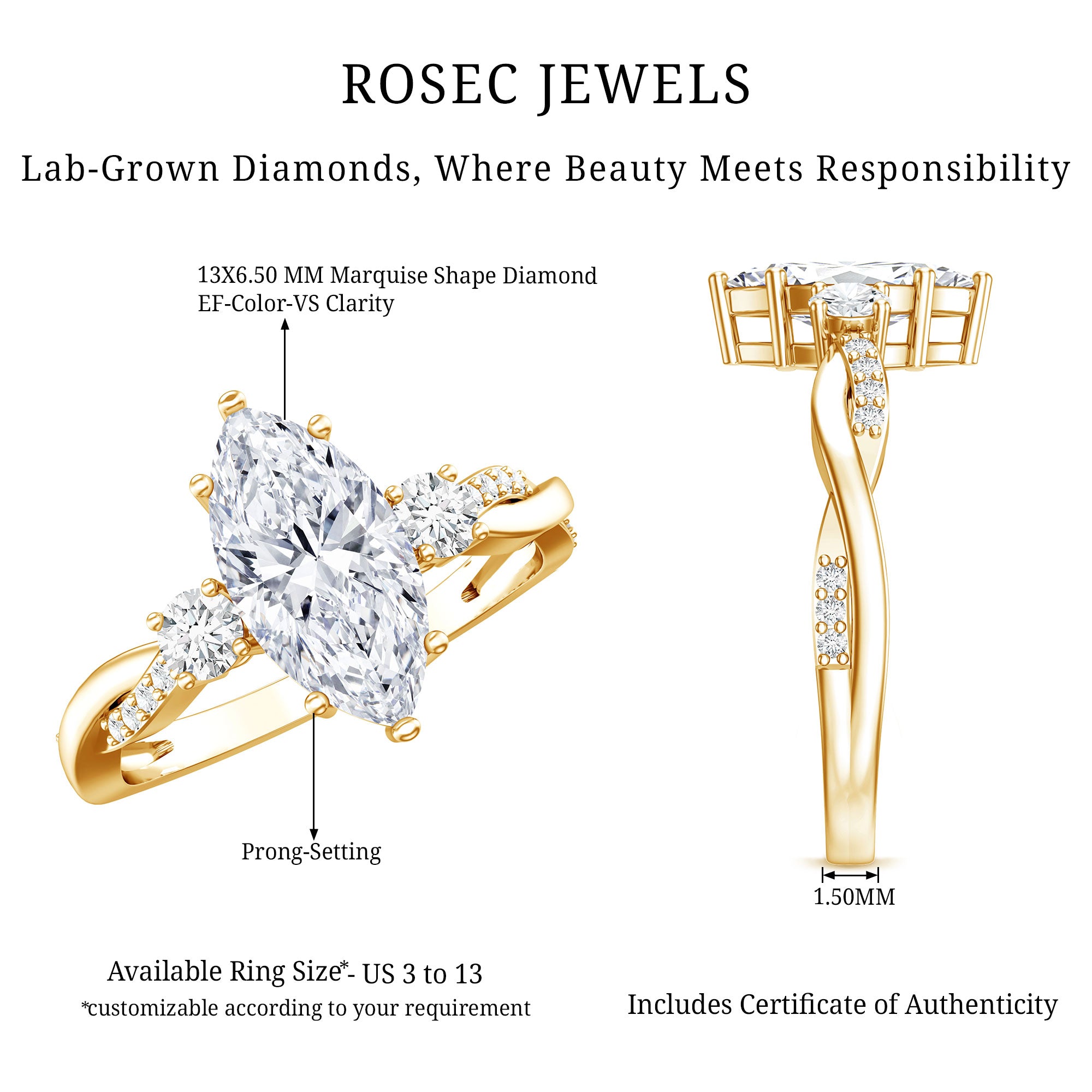 2 Carat Marquise Cut Lab Grown Diamond Crossover Engagement Ring with IGI Certificate Lab - ( EF-VS ) - Rosec Jewels