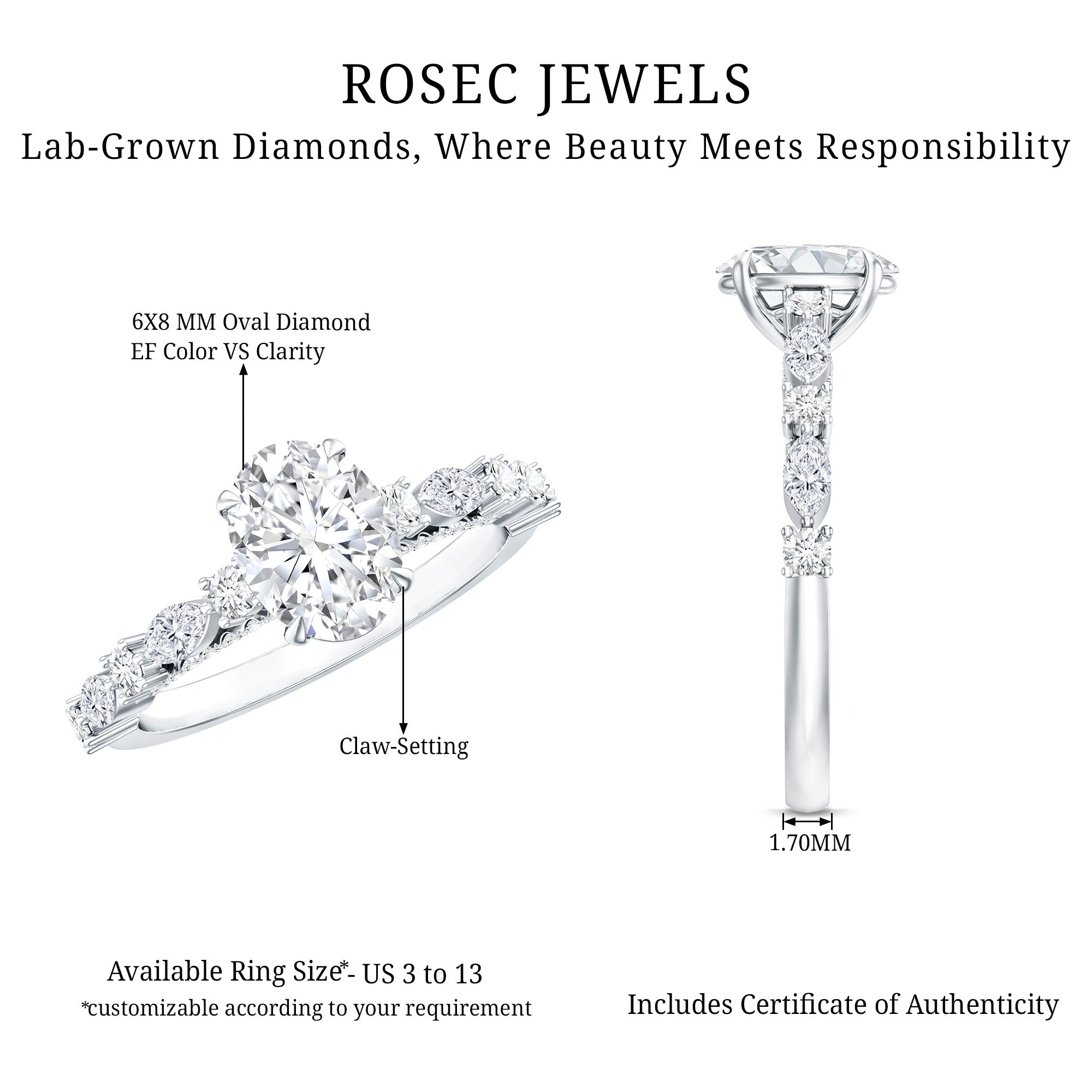 1.2 Carat IGI Certified Oval Cut Lab Grown Diamond Solitaire Engagement Ring Lab - ( EF-VS ) - Rosec Jewels