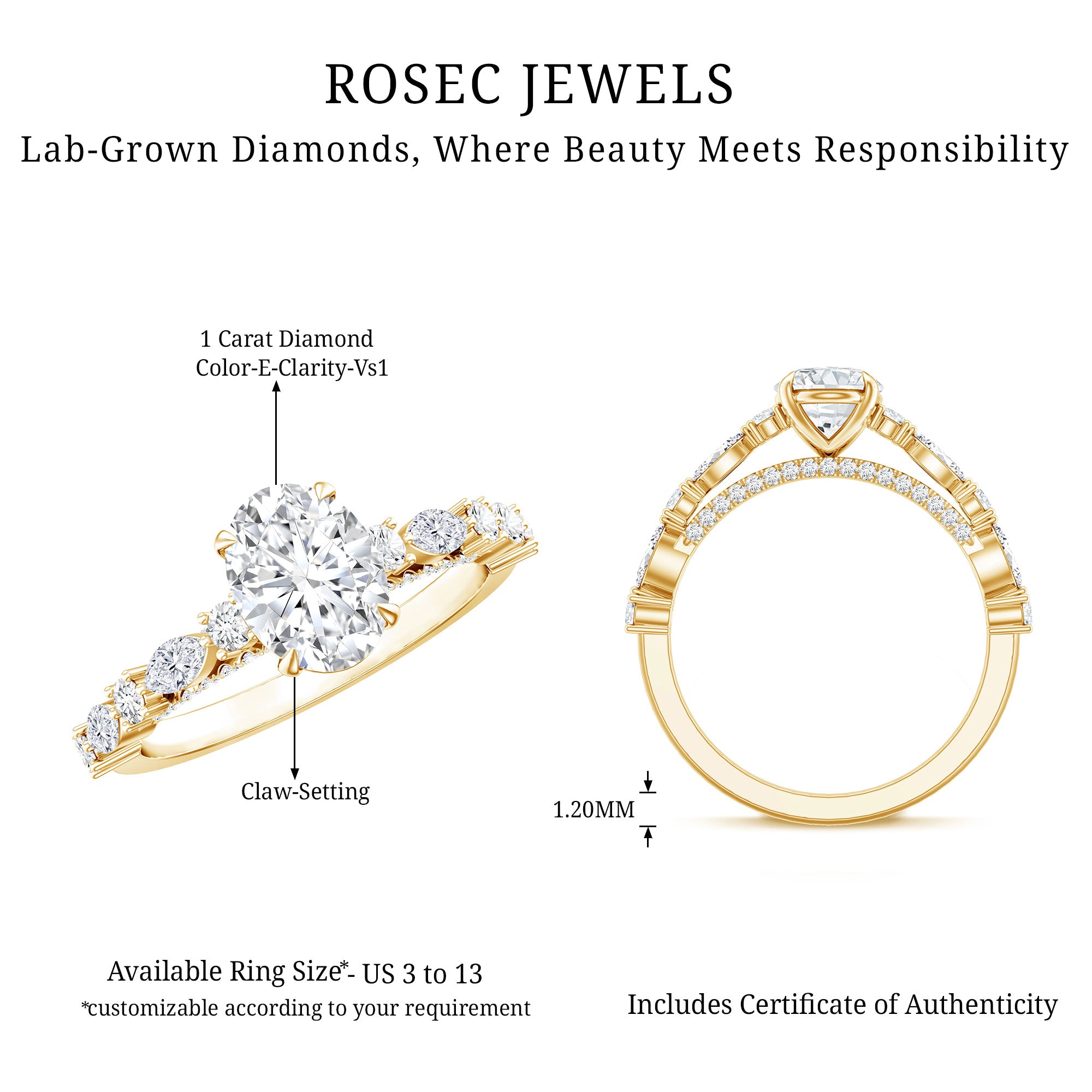 1.2 Carat IGI Certified Oval Cut Lab Grown Diamond Solitaire Engagement Ring Lab - ( E-VS1 ) - Rosec Jewels