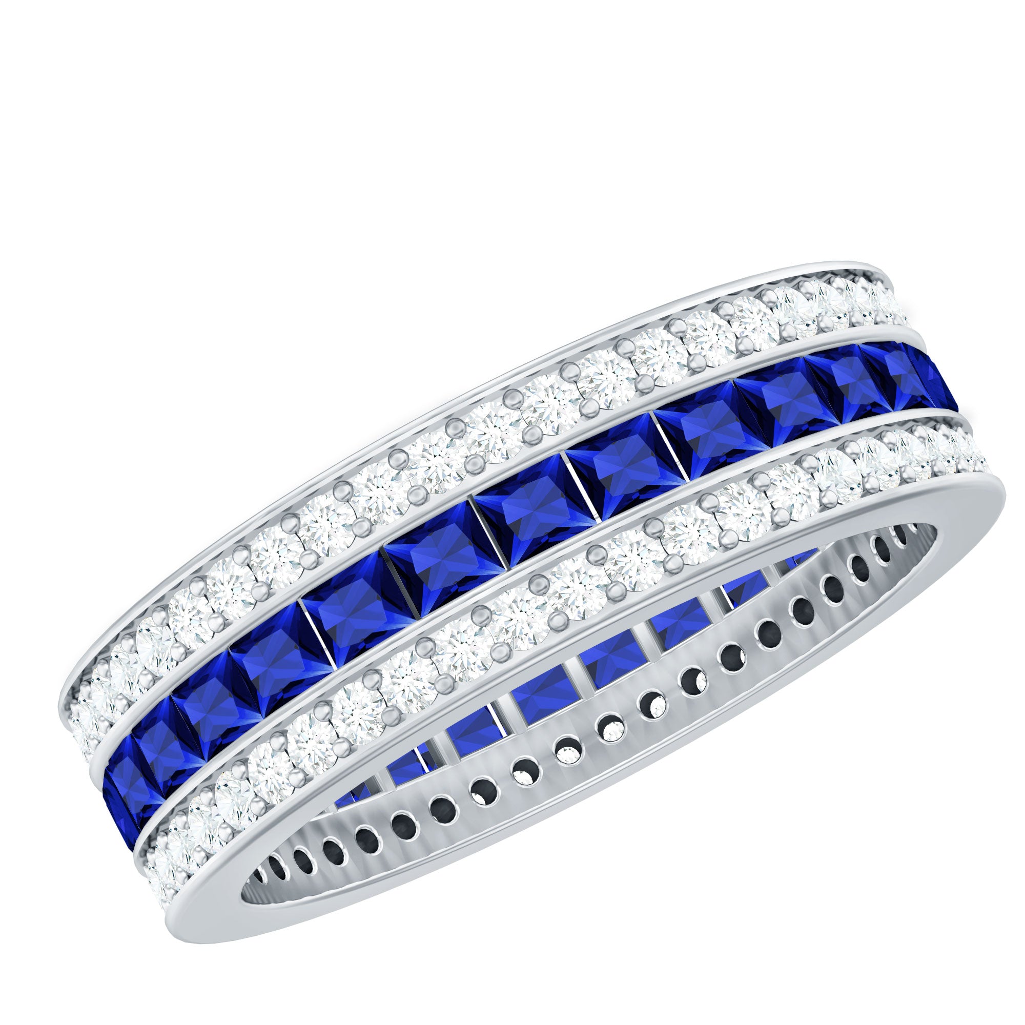 Channel Set Created Blue Sapphire Moissanite Eternity Ring