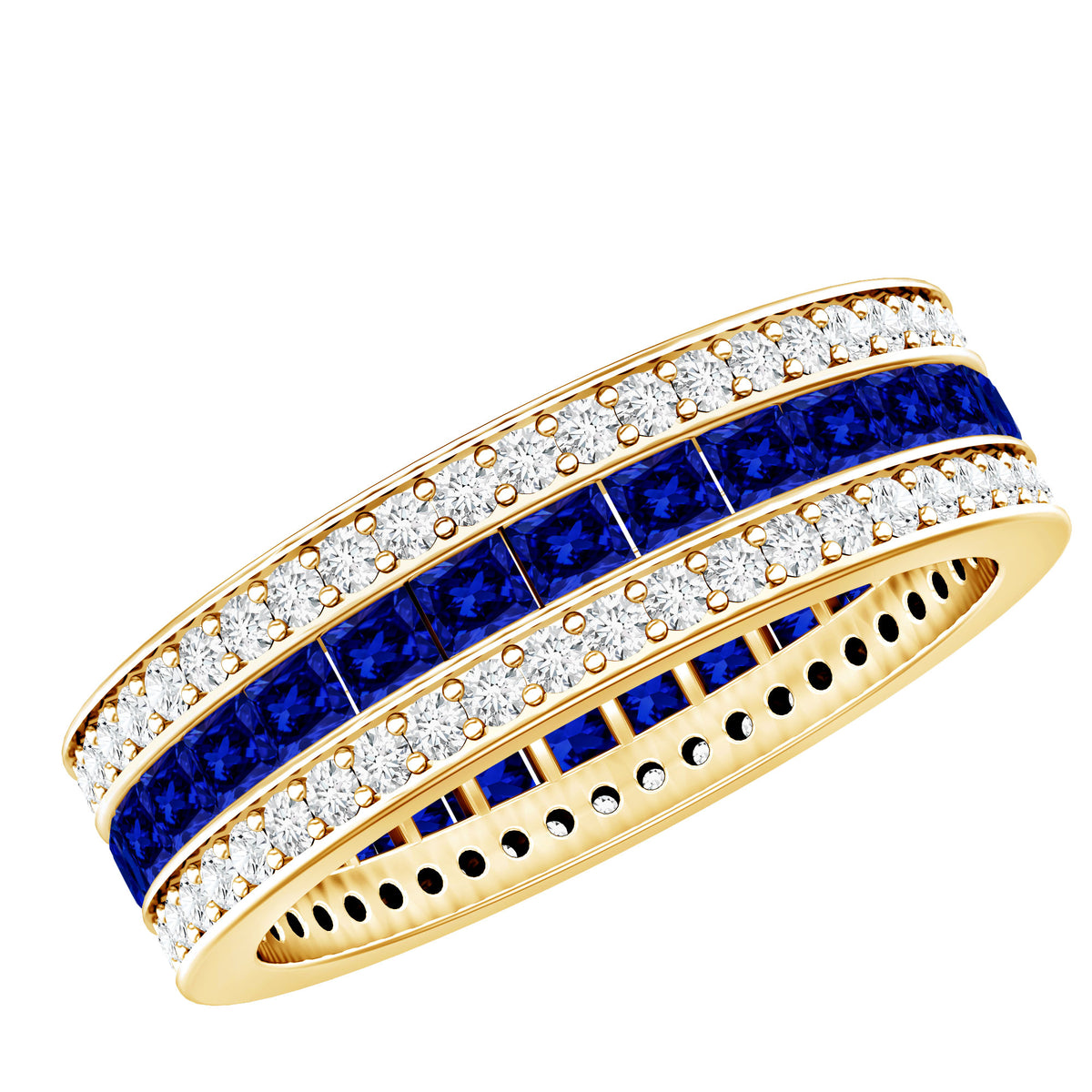 Certified Lab Grown Blue Sapphire 3 Row Wedding Band AAAA - Rosec Jewels