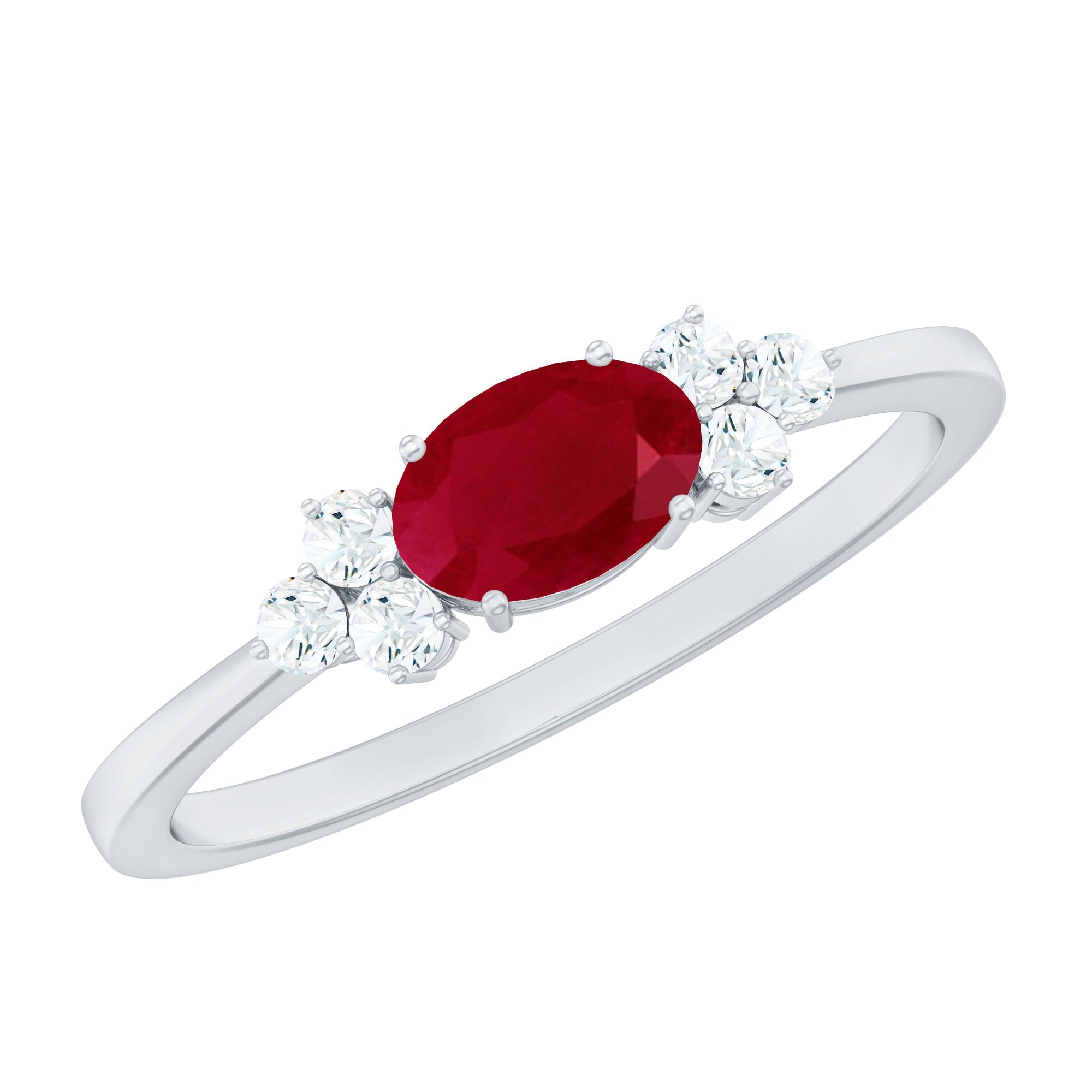 East West Ruby Oval Engagement Ring with Diamond Trio