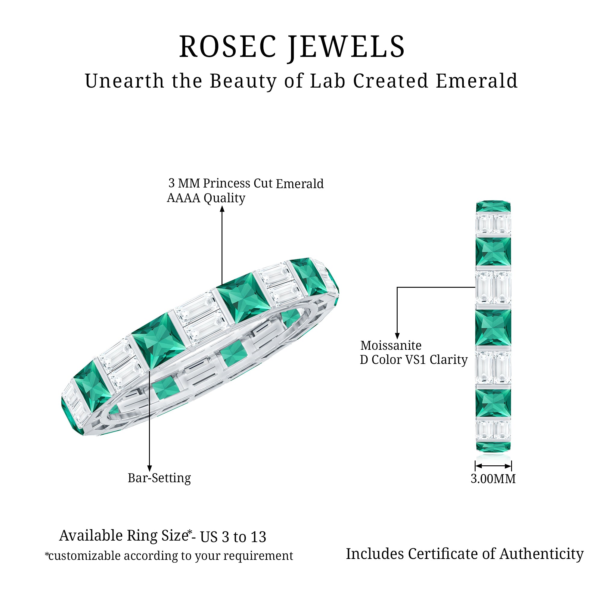 Lab Created Emerald And Moissanite Eternity Wedding Band AAAA - Rosec Jewels