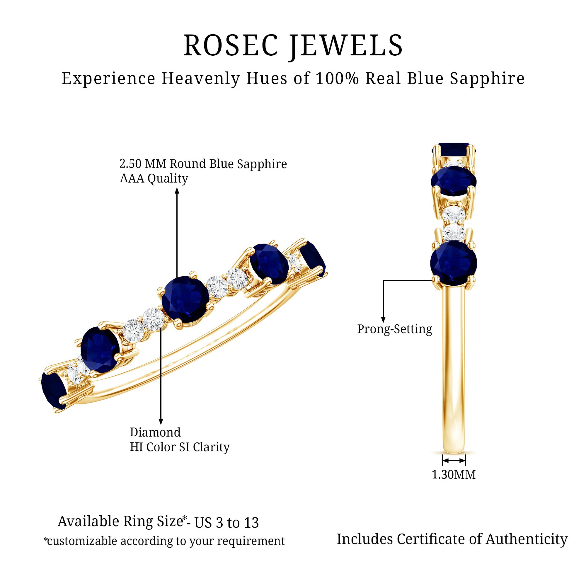 Round Blue Sapphire and Diamond Half Eternity Ring AAA - Rosec Jewels