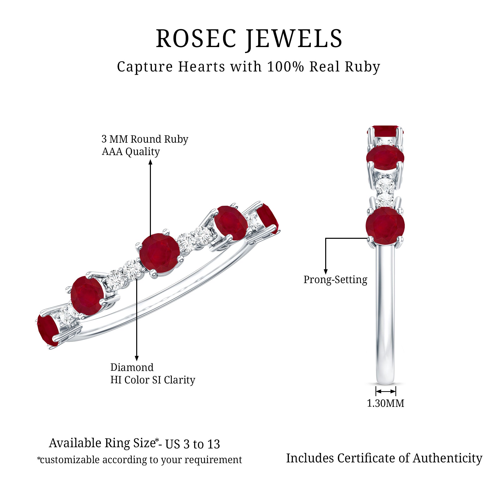 Real Ruby Diamond Half Eternity Ring for Anniversary AAA - Rosec Jewels