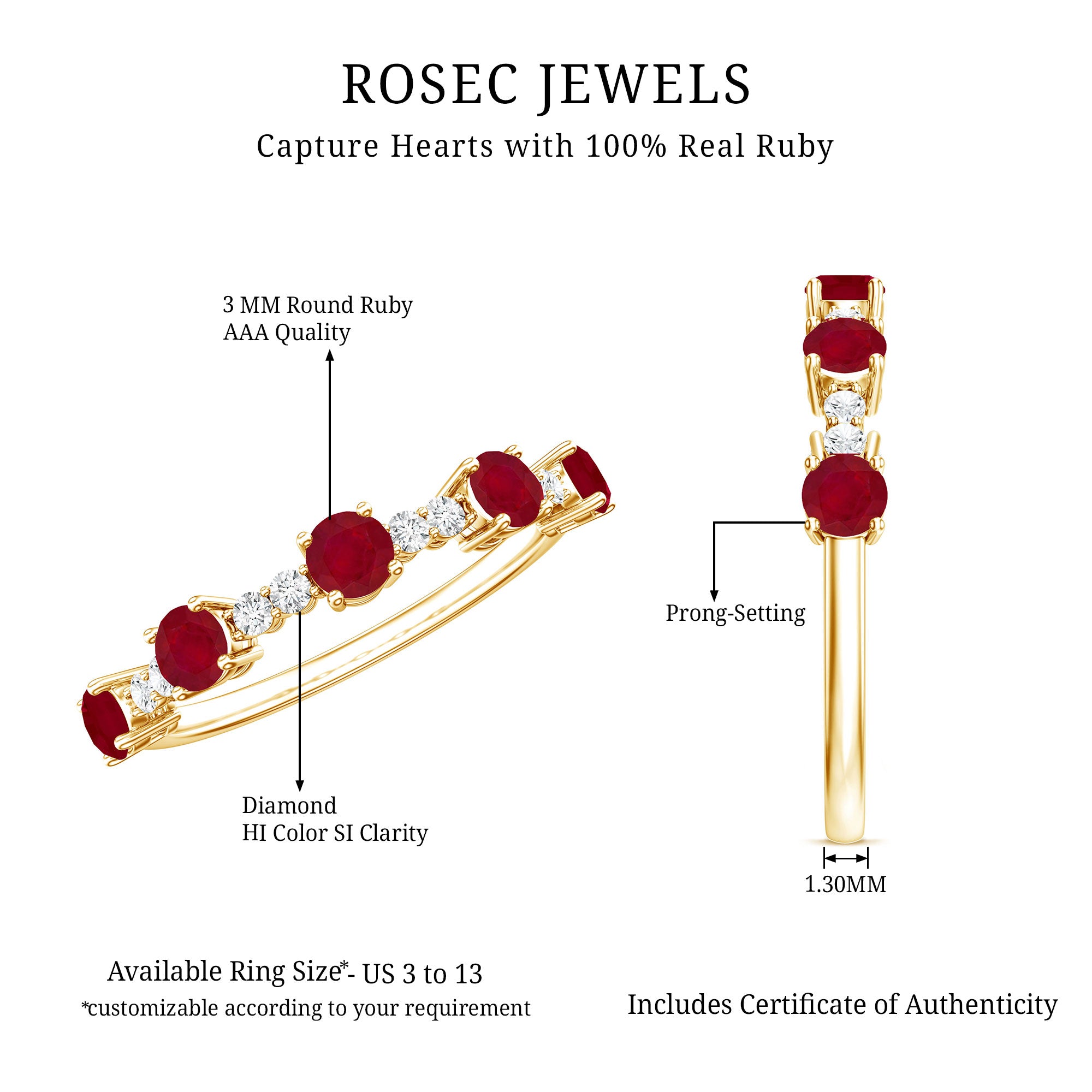 Real Ruby Diamond Half Eternity Ring for Anniversary AAA - Rosec Jewels
