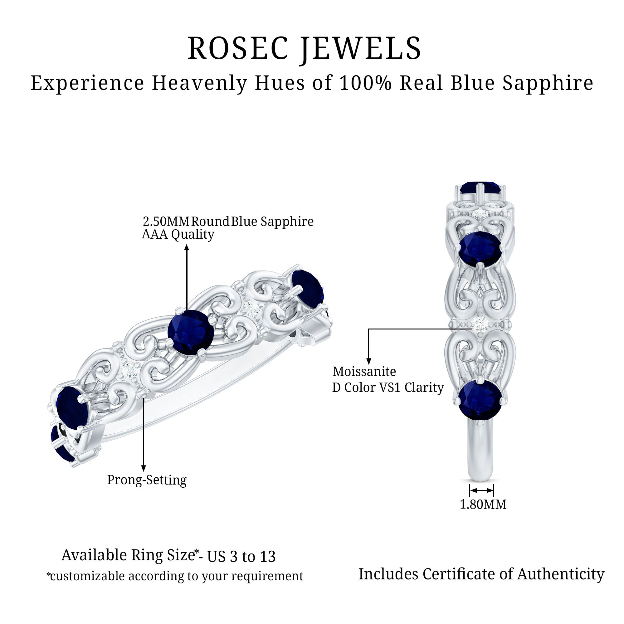 Blue Sapphire and Diamond Vintage Half Eternity Wedding Band AAA - Rosec Jewels